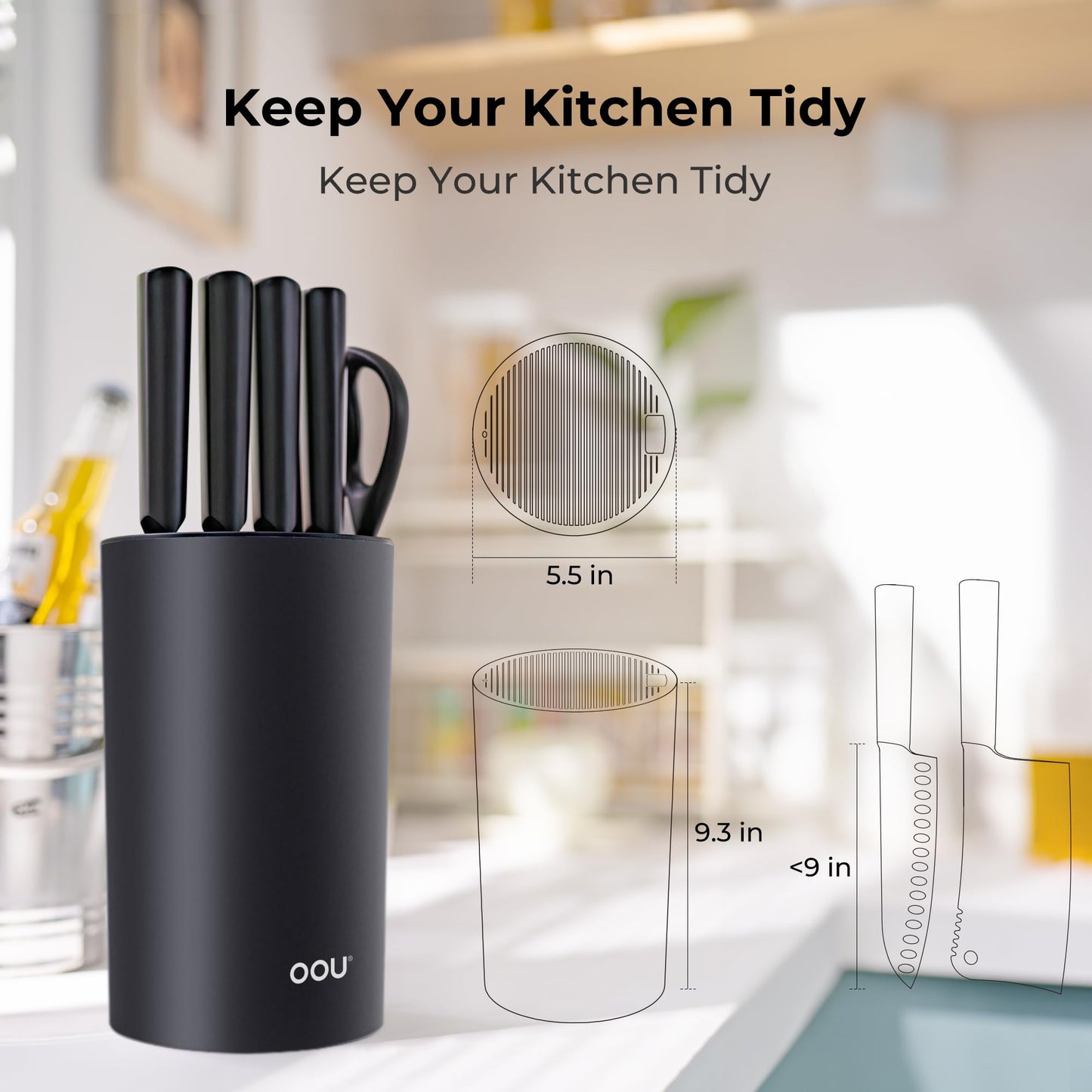 OOU Universal Knife Block Holder Without Knives, Round Kitchen Knife Holder, Detachable Knife Storage for Easy Cleaning-Black