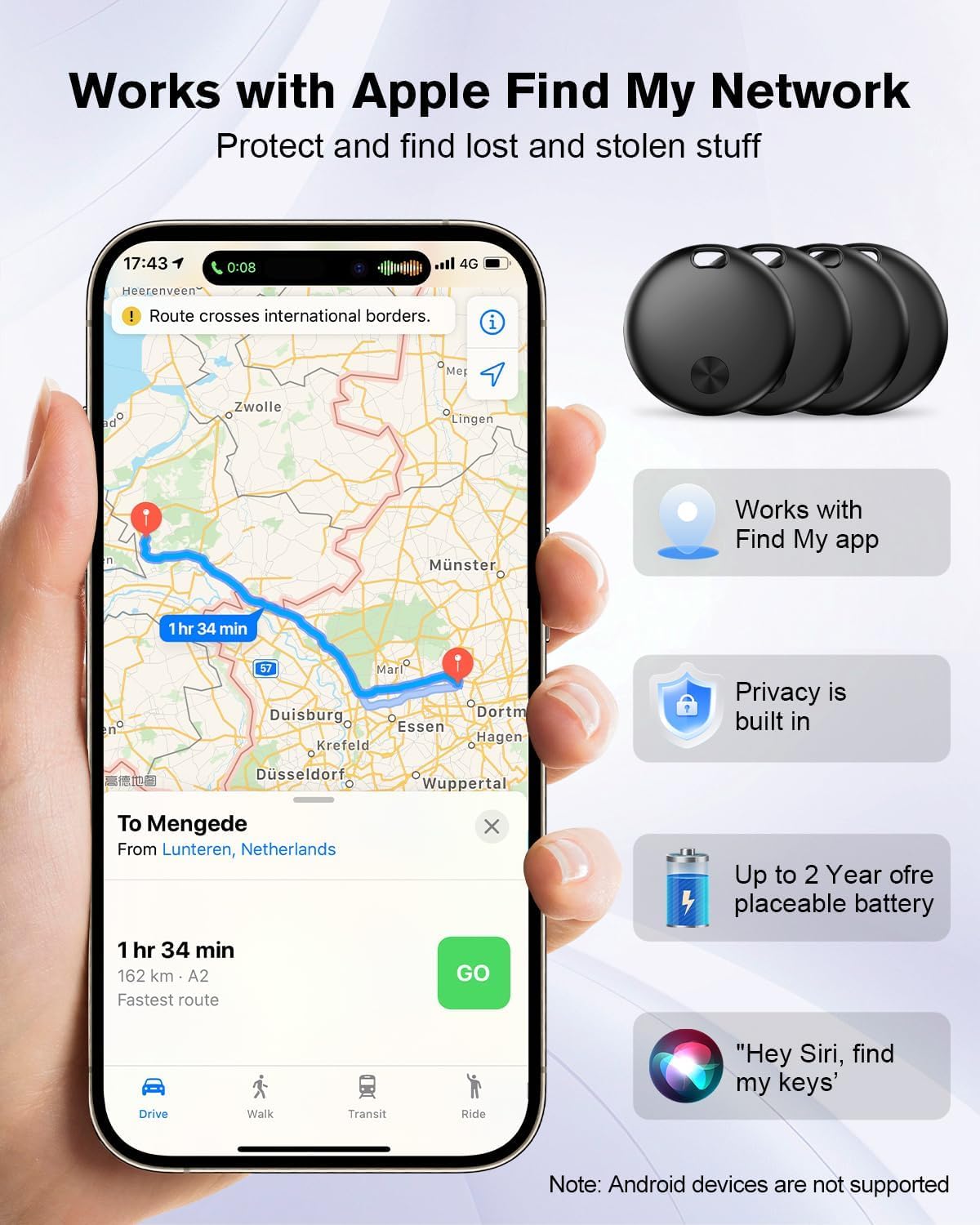 Smart Tracker Tag Item Finder 4Pack, Compatible with Apple Find My APP (iOS Only), IP67 Waterproof, Replaceable Battery, Suitable for Luggage, Bags, Wallets, Backpacks, Keys (weTag mini)