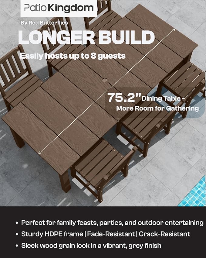 Brown 9-Piece Outdoor Dining Set with Beige 11FT Cantilever Umbrella, 75.2'' HDPE Table & Chairs for 8, Weather-Resistant Furniture with Umbrella Hole for Patio, Lawn, Poolside