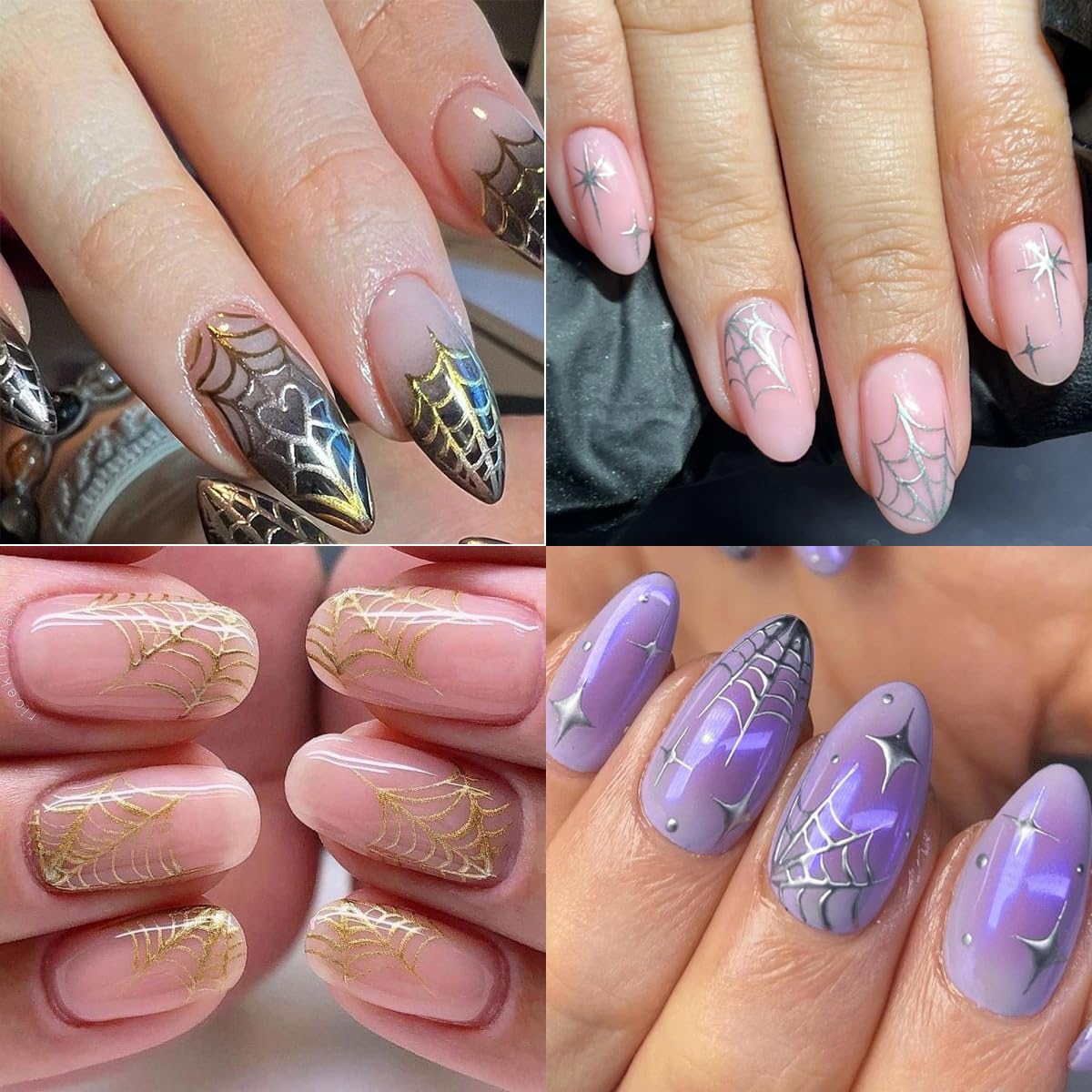 2 Sheets Halloween Nail Stickers for Nail Art 5D Embossed Self-Adhesive Spider Web Nail Art Stickers Black Silver Gold Glitter Spider Web with Diamond Nail Design Halloween Nail Decals for Women Nails