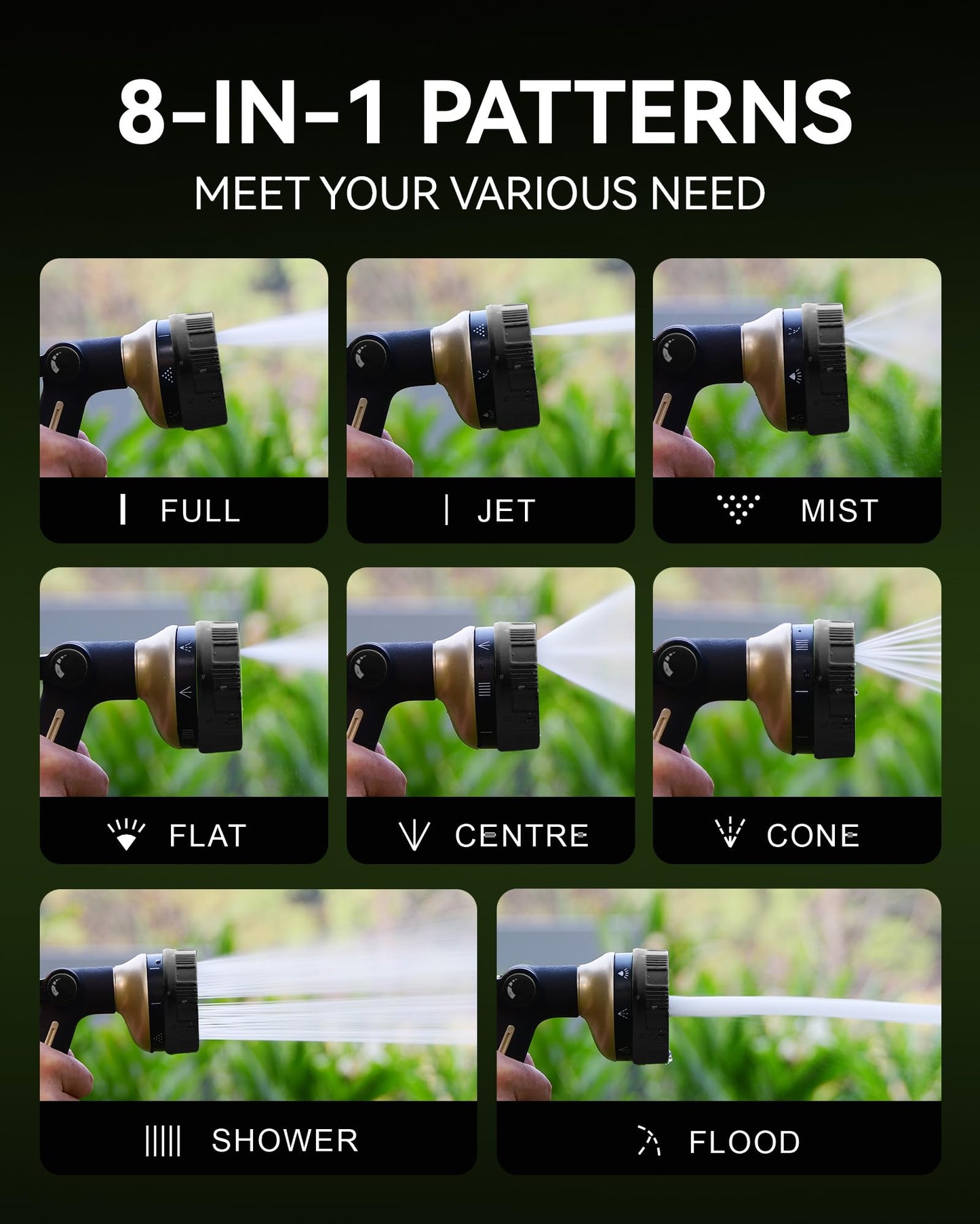 RAINPOINT 100% Metal Hose Nozzle Heavy Duty - 8 Spray Patterns Garden Hose Nozzle with Adjustable Flow Control for Watering Plants, Washing Cars,Washing Pets, Thumb Control (Black)