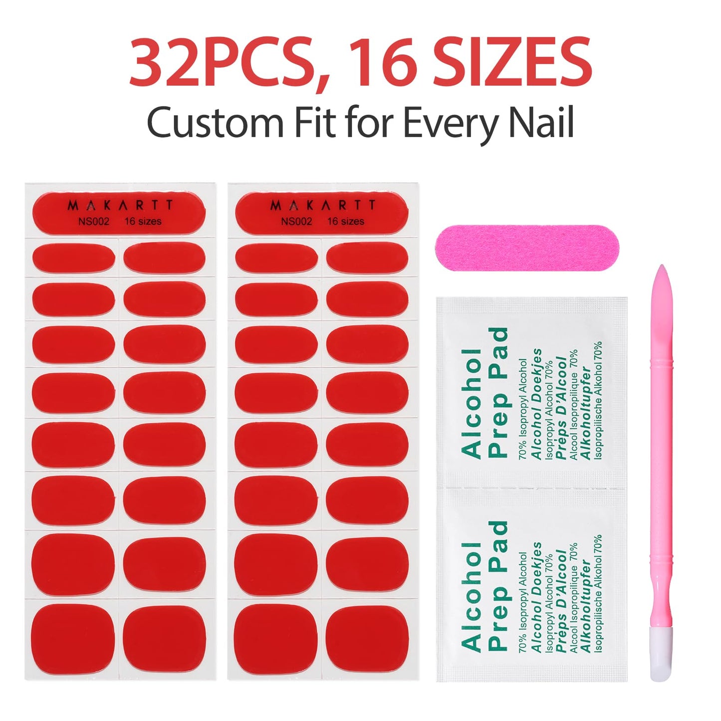 Makartt Semi Cured Gel Nail Strips Kit 2 Packs – Real Gel, Hema & TPO Free, 16 Sizes Anti-Lift Fit, UV Light Required, Salon Quality, Long Lasting, Includes Dual-Ended Tool & Prep Kit (Classic Red)