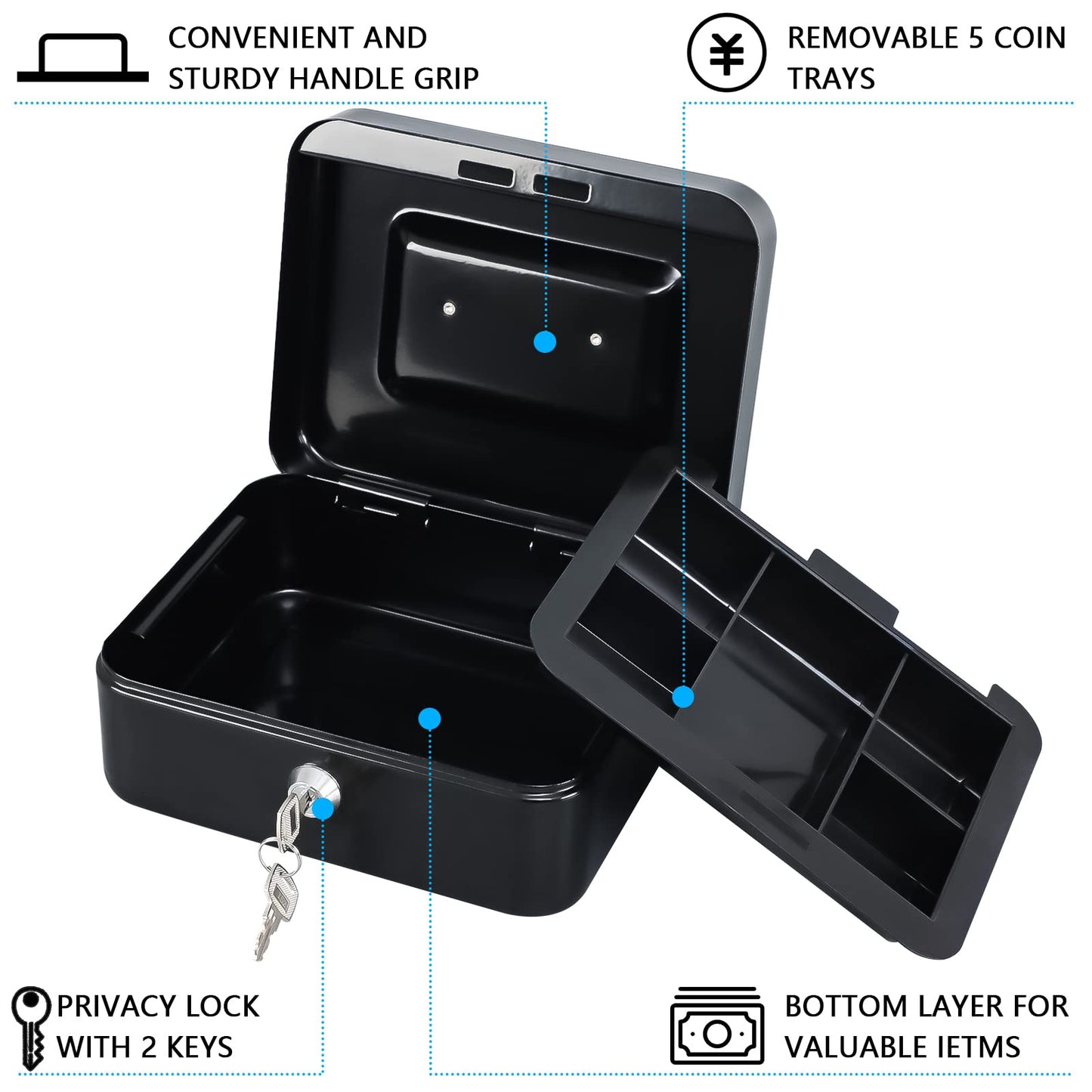 KYODOLED Medium Cash Box with Removable Money Tray, Key Lock Metal Storage Box with 2 Keys & Portable Handle, Safe Cash Drawer, 7.87"x 6.30"x 3.54", Black