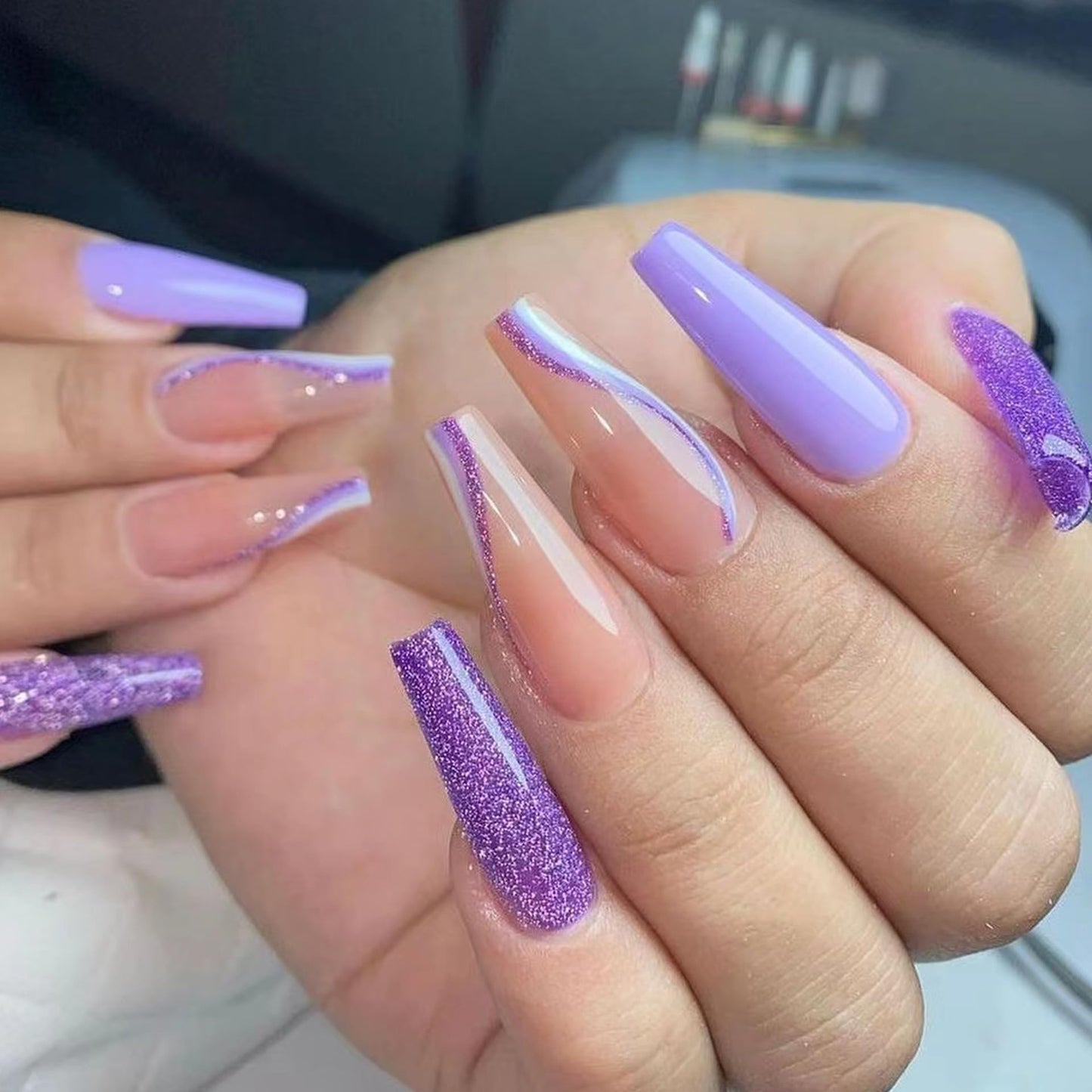 Long Press on Nails Coffin Fake Nails Purple Glitter False Nails with Swirl Designs Nails Press Ons 24Pcs Glossy Long Ballerina Full Cover Acrylic Stick on Nail for Women