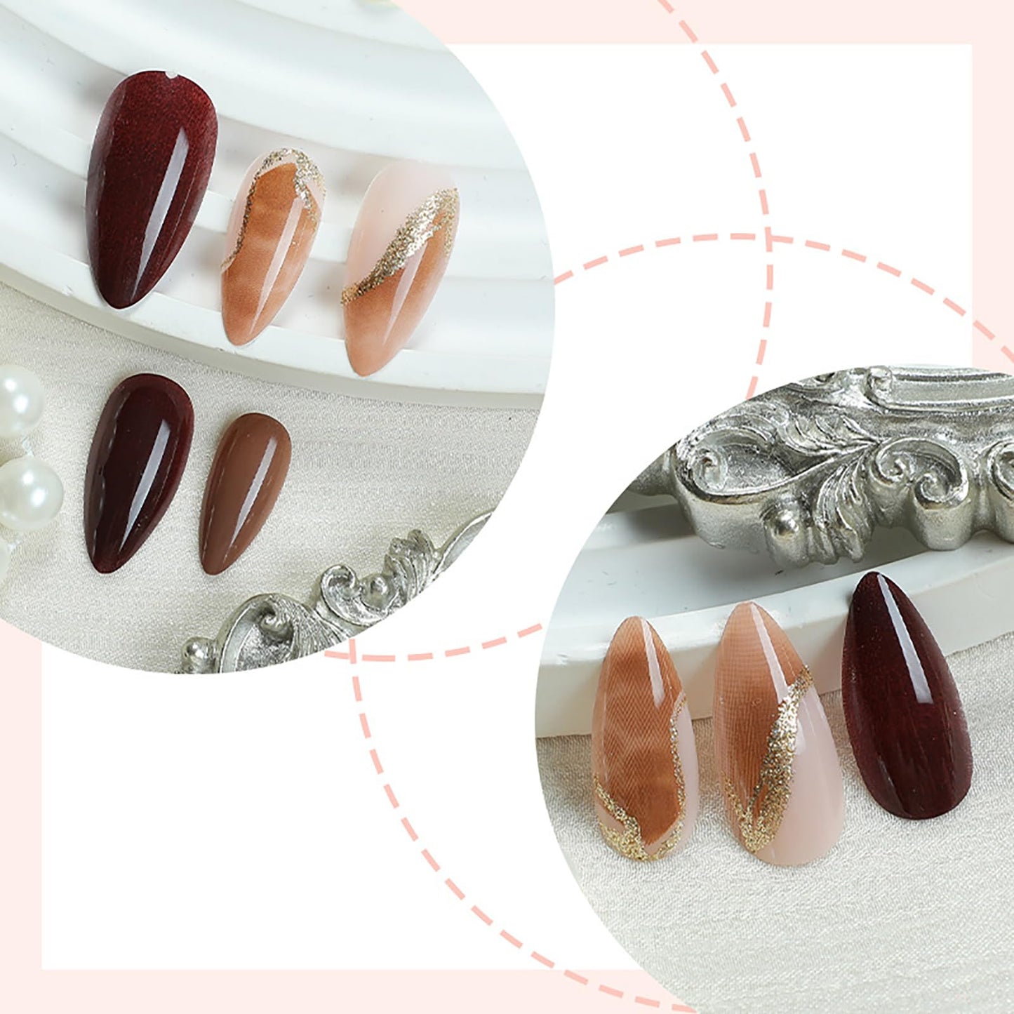 Medium Almond Press on Nails With Designs Gold Glitter Gradient Pink Fake Nails Fall Nails Press ons Acrylic Nails Brown False Artificial Full Cover Stick on Nails for Women Girls 24 Pcs