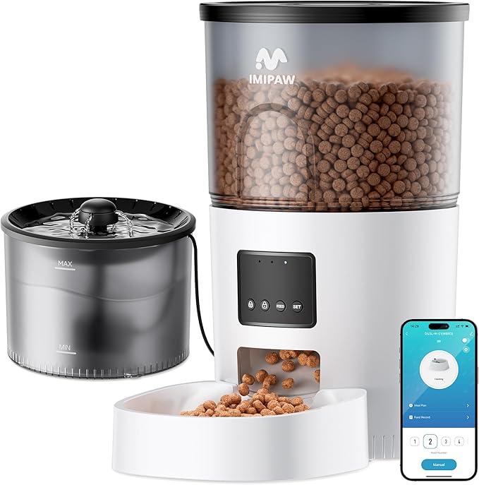 IMIPAW Automatic Cat Feeder 5G WiFi and Water Dispenser, Timed Dry Food Dispenser APP Remote Control, Programmable Portions, with Desiccant, Cat Fountains for Drinking with Filter, Small Pets (Combo)