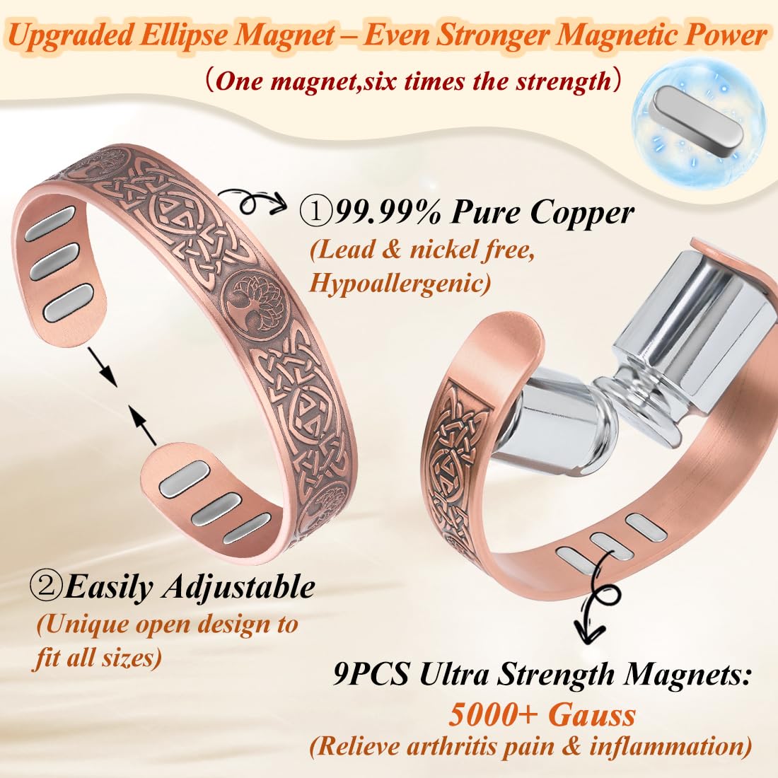 Cigmag Copper Bracelet for Men, with Powerful 9X 5000 Gauss Magnets, Adjustable Solid Pure Copper (Celtic Lotus Life Tree)