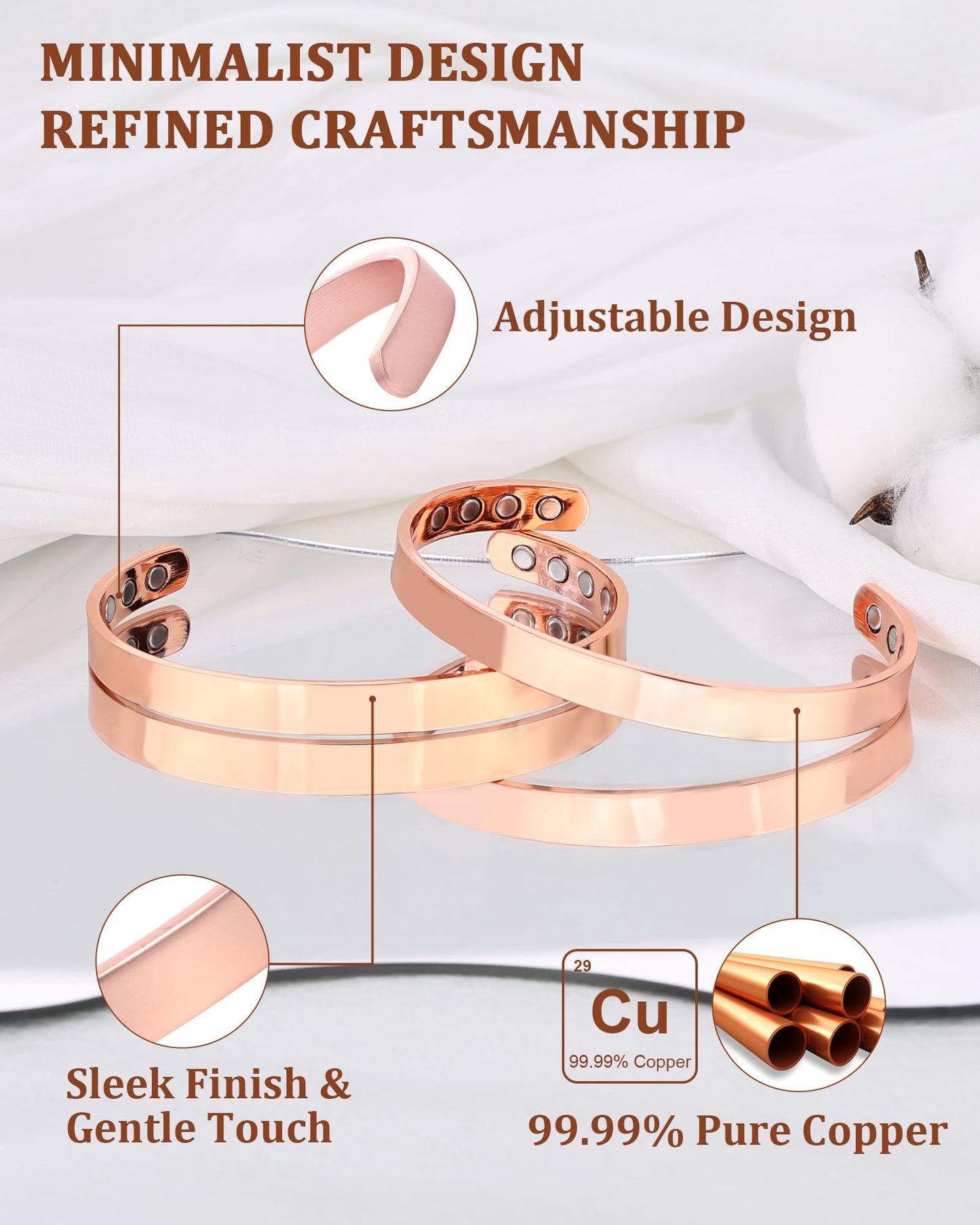 BioMag 2 Pcs Copper Bracelets for Women Men, 99.99% Pure Copper Cuff Bangle with 8 Pcs 3500 Gauss Magnets, Adjustable Size, Simple and Stylish Design