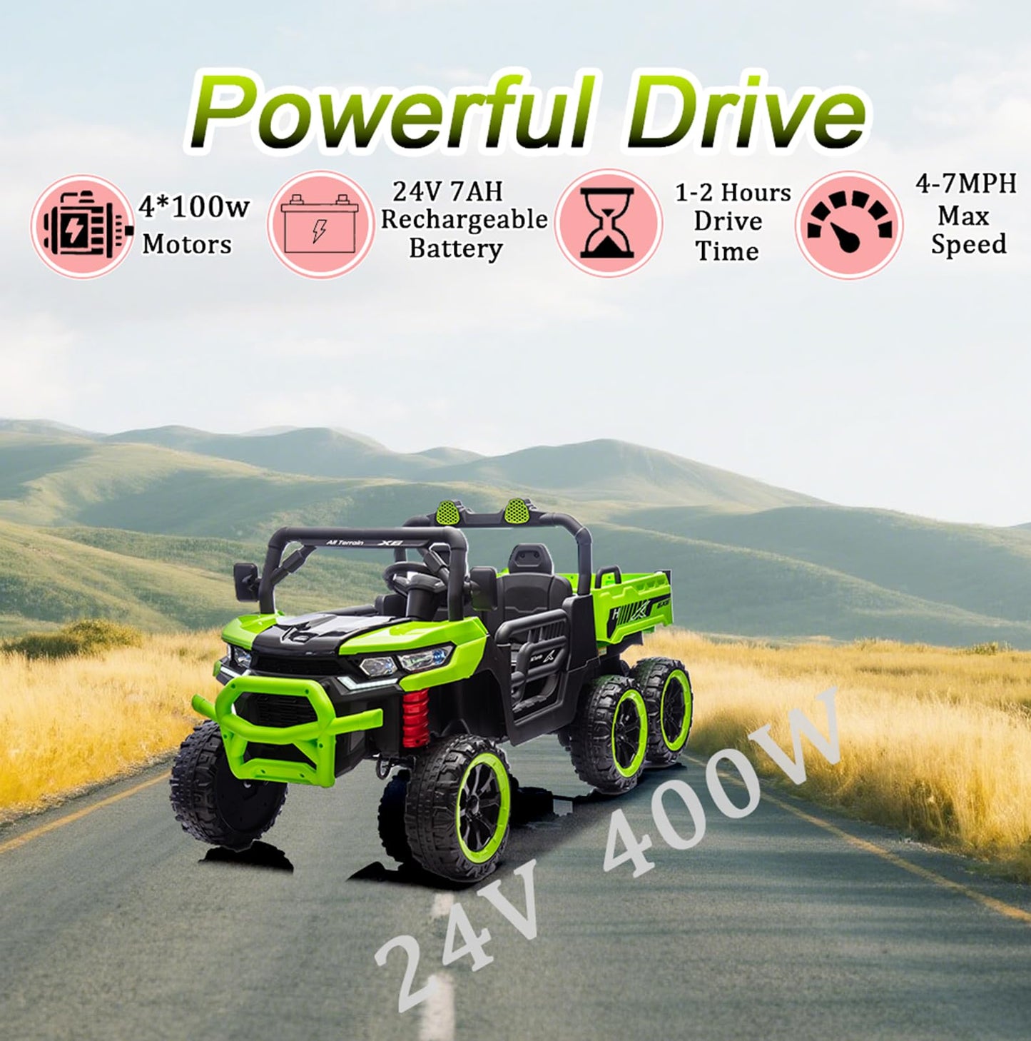 AOKOY 24V Side by Side 6 Wheel Ride On Dump Truck, 4WD Battery Powered Electric Car for Boys and Girls Outdoors with Remote Control, Bluetooth, Green