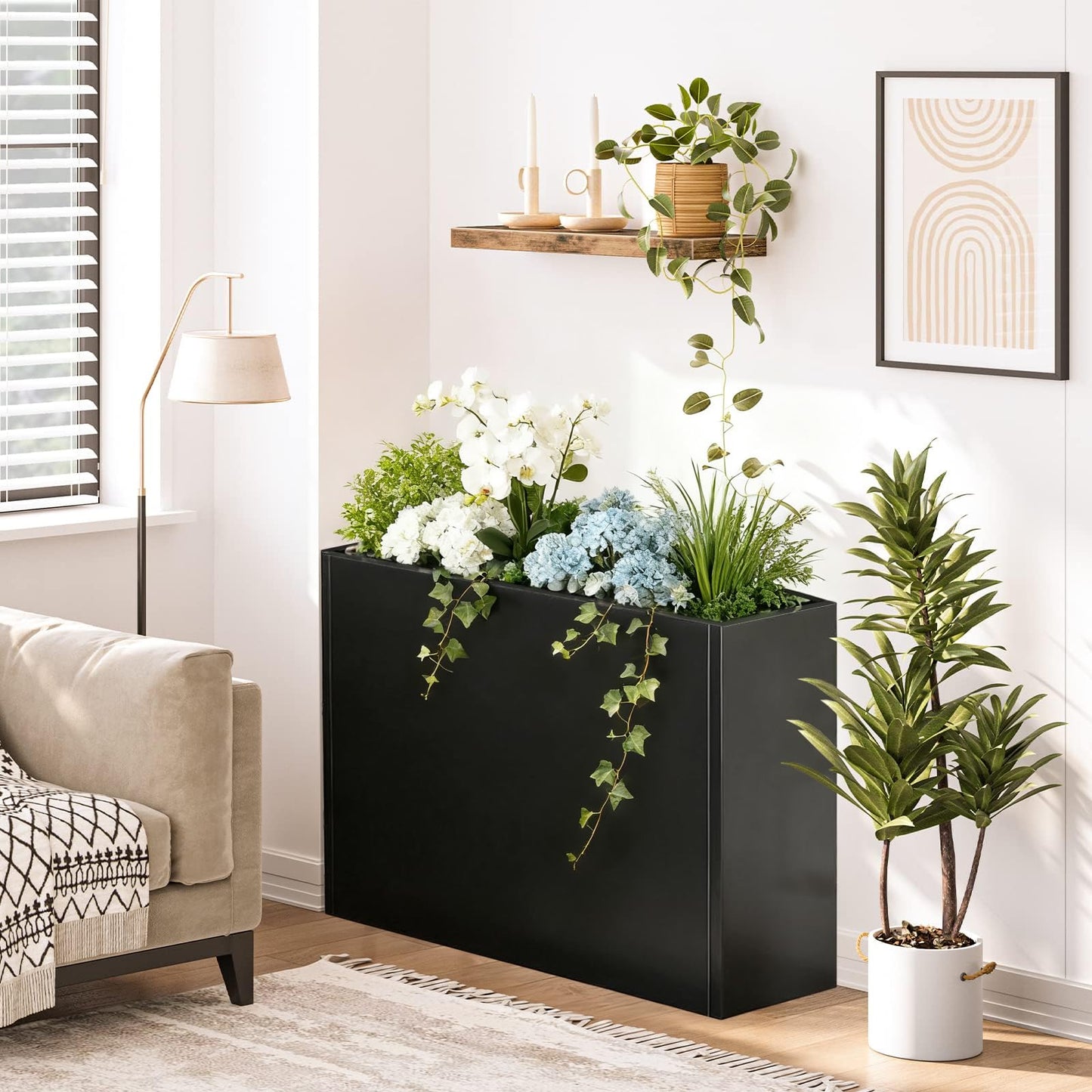 Baotree Metal Large Planter Box 38" L x 13" W x 30" H, Heavy Duty Tall Rectangle Outdoor Planter Box with Removable Insert Shelves for Porch, Garden, Patio, Yard (Black)