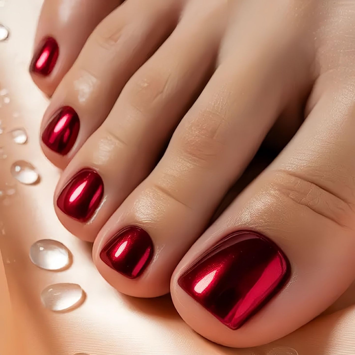 RUOKEXIN Short Press on Toenails Square Fake Toenails with Chrome Designs Red Toe Nail Press ons Sparkly Artificial Nails for Women 24Pcs