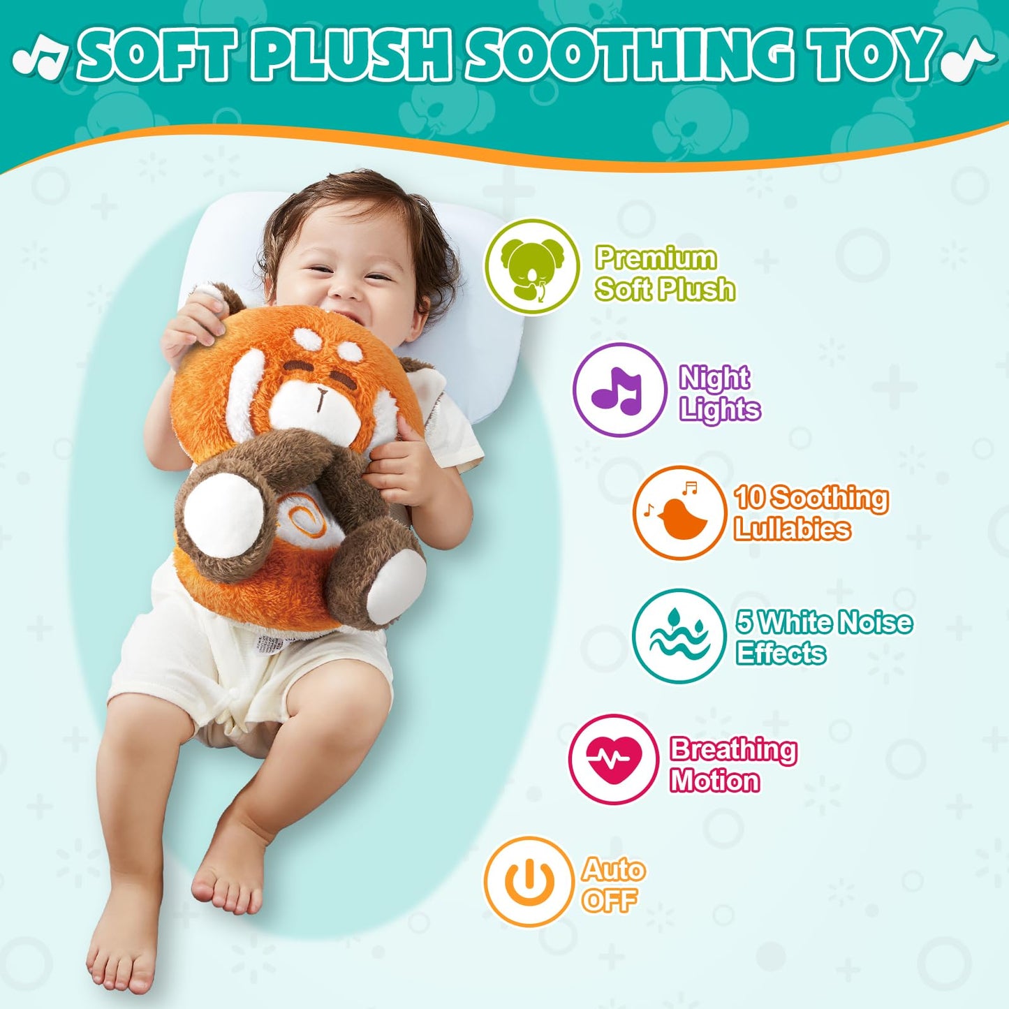 auby Red Panda Baby Soothing Toy - White Noise Machine & Lullabies, Plush Comfort with Rhythmic Breathing, Removable Sound Box for Easy Wash, Newborn Gift