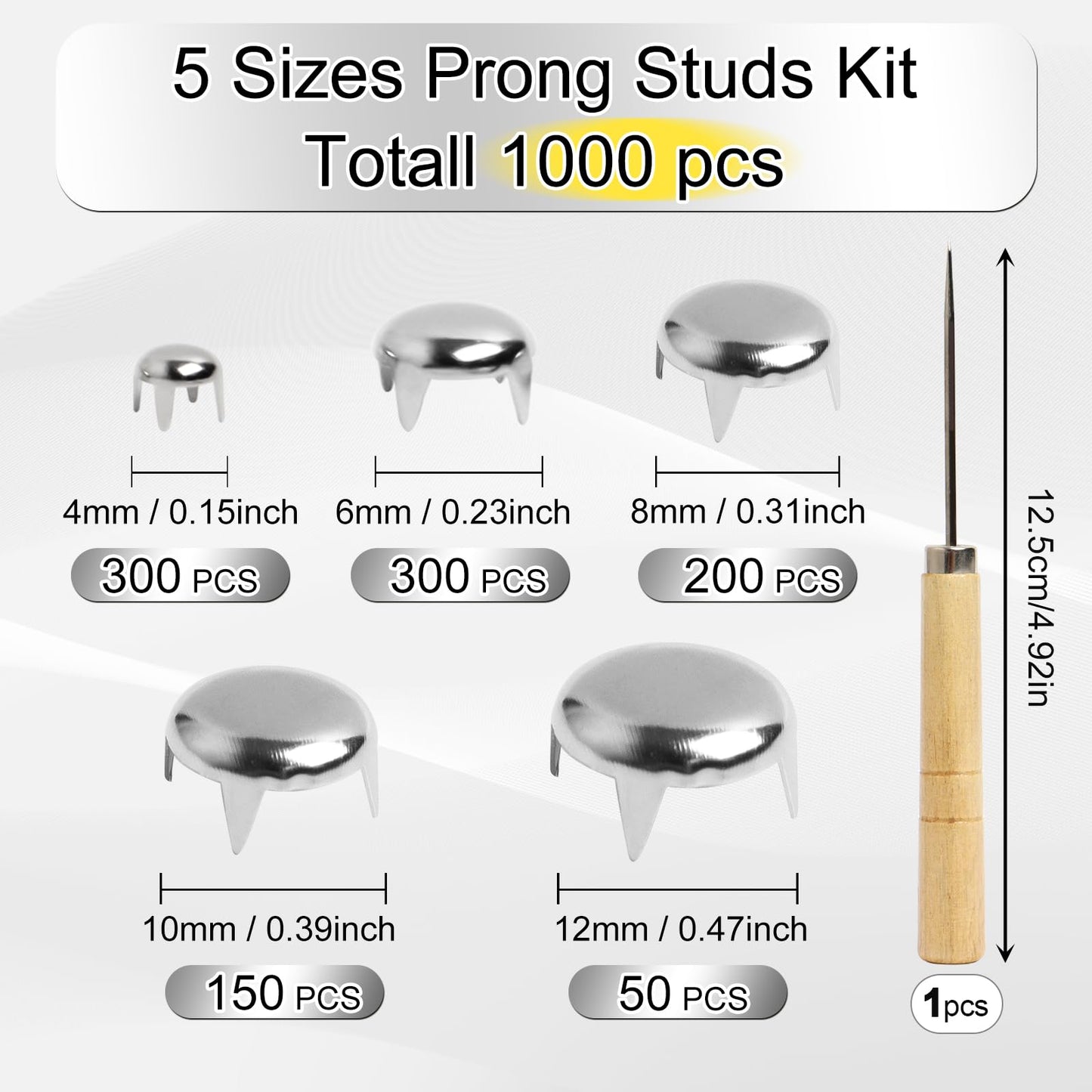 SBYURE 1000 Pcs Round Dome Studs 5 Sizes Studs for Clothing Round Dome Studs and Spikes Prong Studs Kit for Leather Craft Clothing Belts Bags Shoes Bracelets Dog Collar Accessories DIY (Silver)