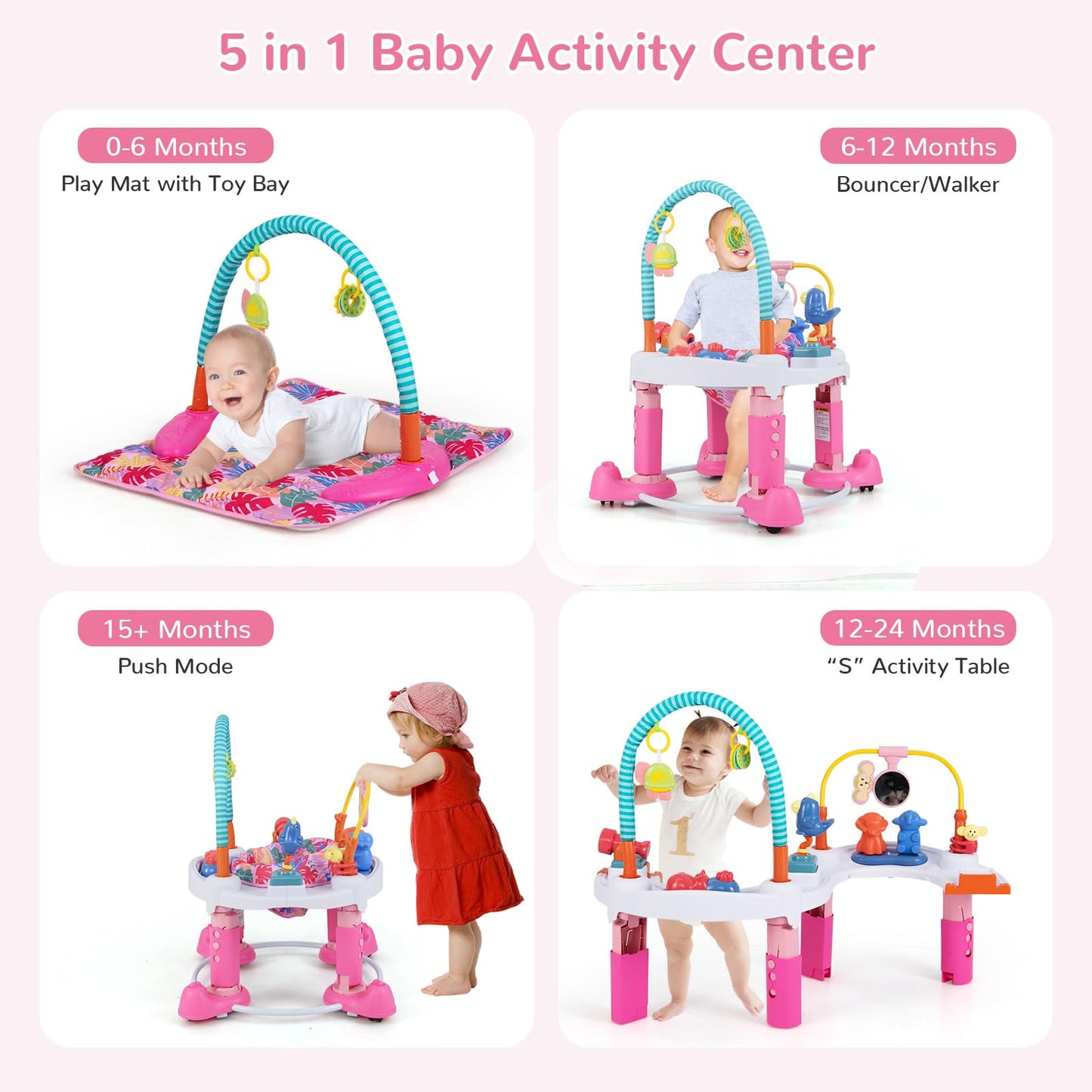 INFANS Baby Bouncer Activity Center, 5 in 1 Toddler Bouncing Activity Saucer Playtime Mat Activity Table with 360°Rotating Seat, 3 Adjustable Height, Foldable Exersaucer Learning Walker (Pink)