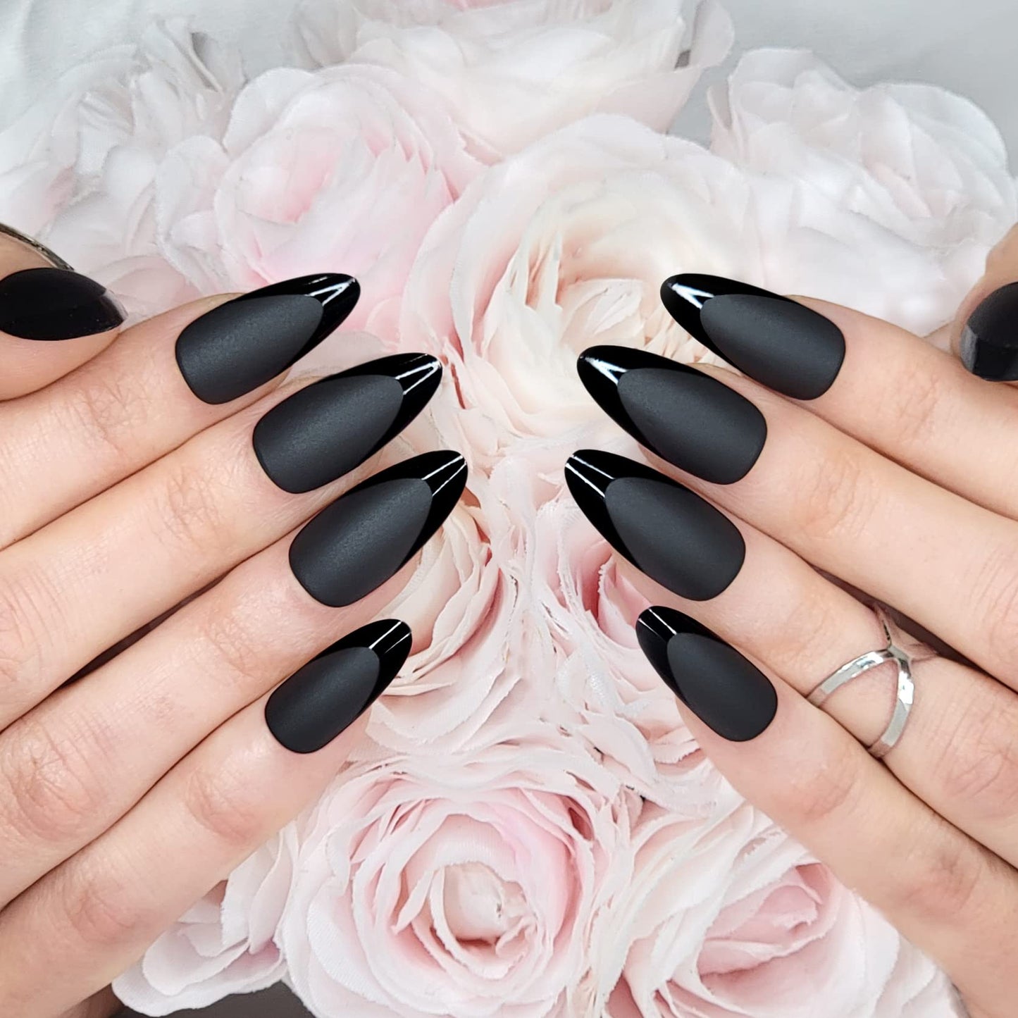 Hypnaughty 24 Pcs Caviar Almond Black Matte Press On Nails with Glossy Black French Tip and Glue Medium Long Pointed Oval False Nails (Caviar)