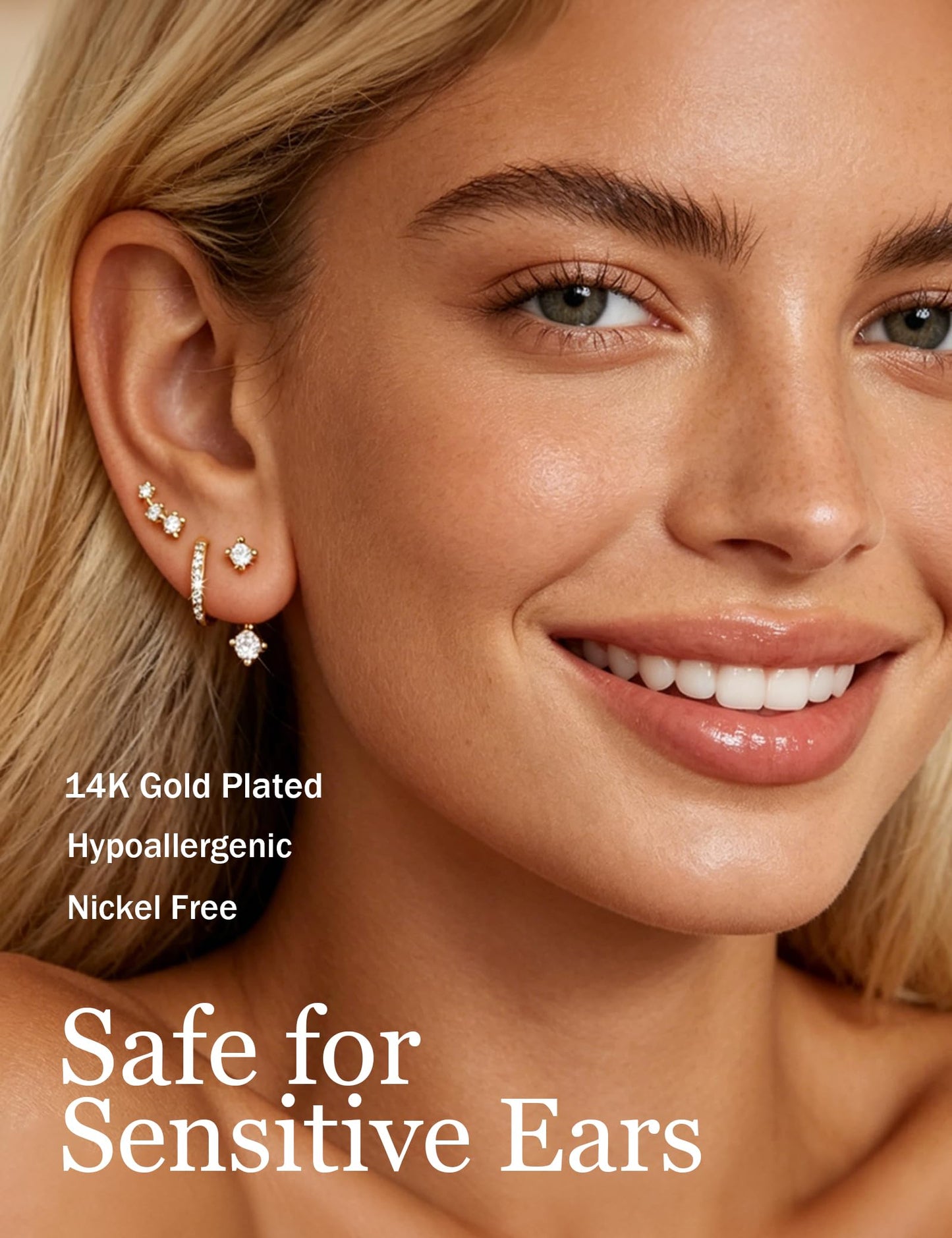 6 Pairs 14K Gold Plated Stud Earrings for Women, Hypoallergenic Cuff Cartilage Earrings for Multiple Piercing, Dainty Small Stackable Earrings Set for Jewelry Gift