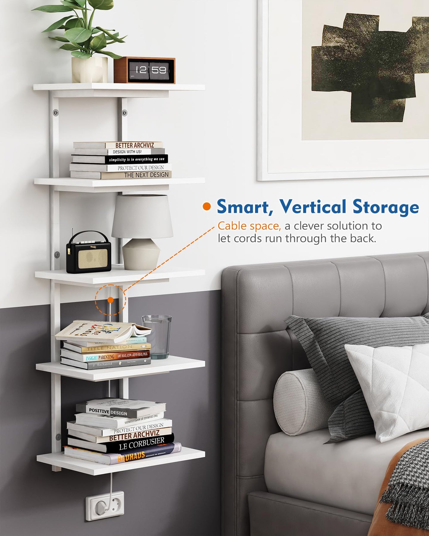 Harwaya White 5 Tier Wall Shelf Unit for Shoes Display, Lack Wall Bookshelf for Bedroom, Vertical Tiered Floating Book Shelves for Office Living Room Bathroom Vanity Kitchen Closet Purses Bags