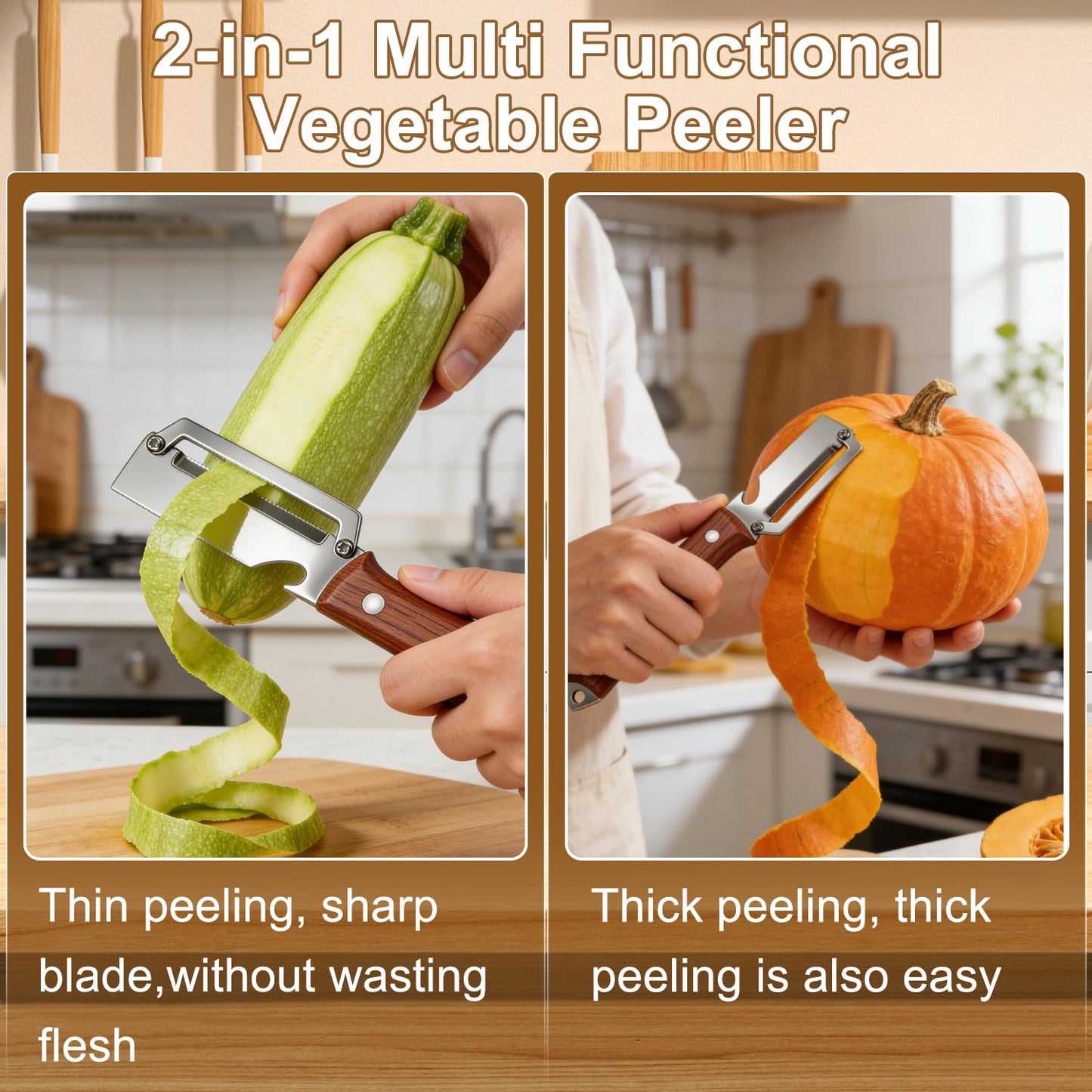 2PCS Premium 2-in-1 Vegetable Peeler with Wooden Handle, Stainless Steel Blade & Bottle Opener, Multi-Purpose Kitchen Tool for Apple, Potato, Pumpkin, Papaya & Various Fruits/Vegetables (Wood+Black)