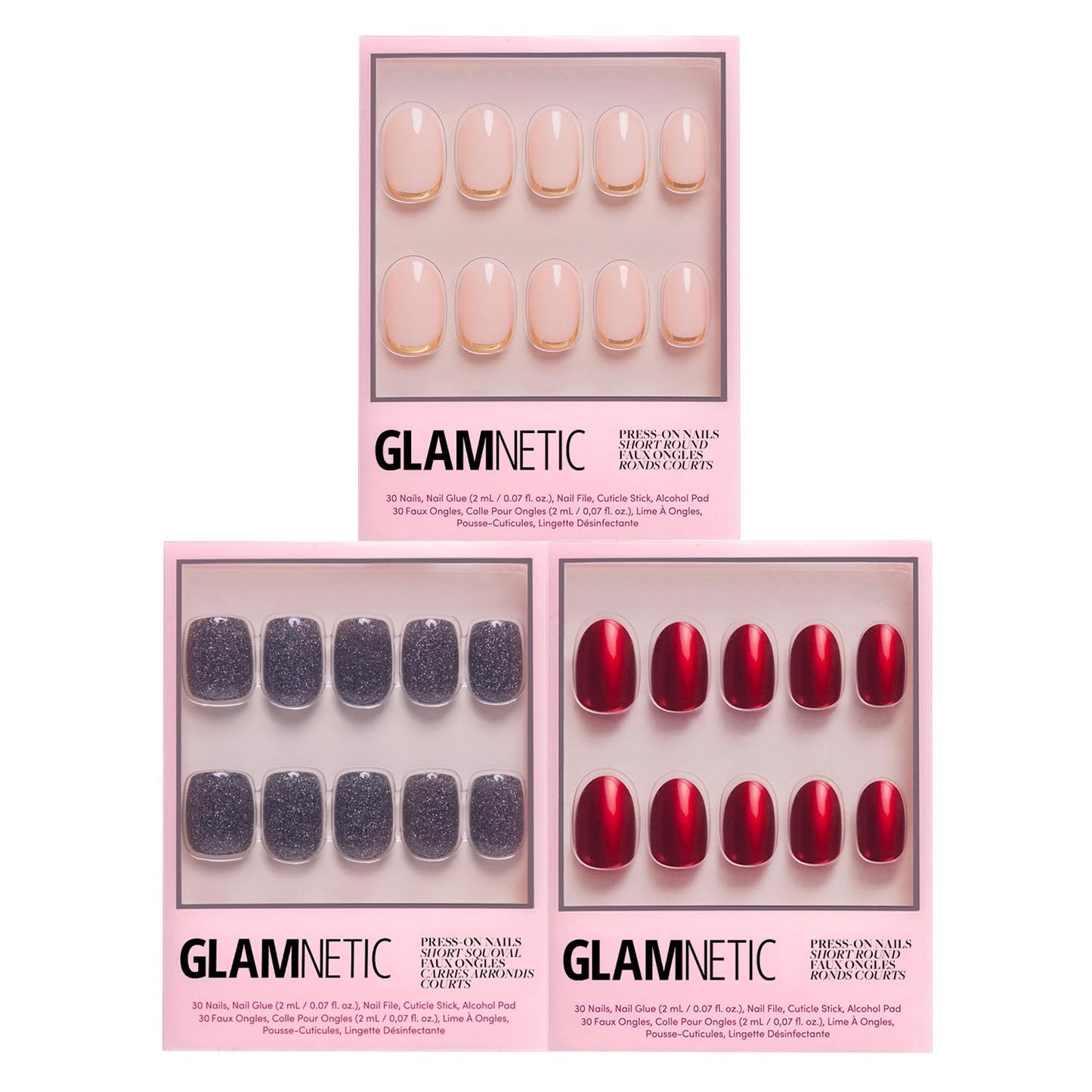 Glamnetic Press-On Nails Bundle - Cosmic, Cherry Glaze & Goal Digger | Sparkly Black Squoval Fake Nails | Glazed Almond False Nails | Natural Round False Nails with Gold Foil
