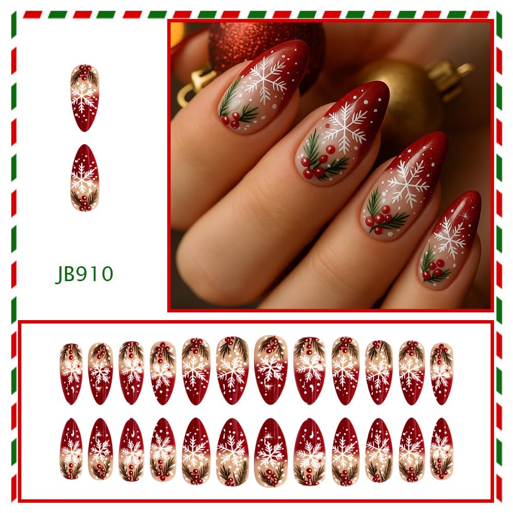 Red French Tip Snowflake Press on Nails Christmas Glossy Almond Fake Nails with Cherry Designs Full Cover Reusable Acrylic Nails Christmas Medium Cute Glue on Nails for Women 24Pcs