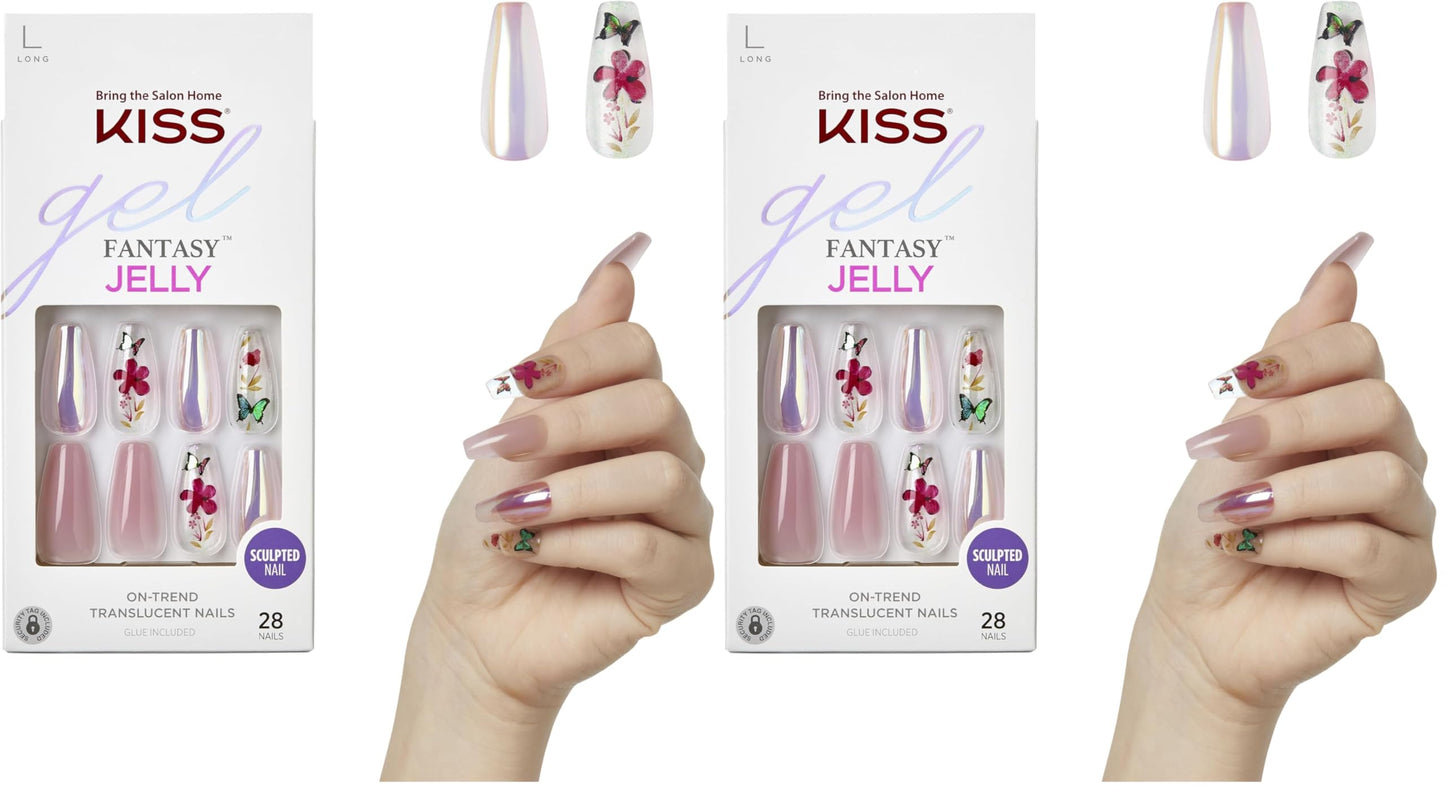 KISS Gel Fantasy Press On Nails, Nail glue included, Jelly Cookie', Pink, Long Size, Coffin Shape, Includes 28 Nails, 2g glue, 1 Manicure Stick, 1 Mini File (Pack of 2)