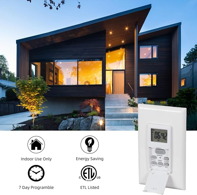 in Wall Digital Timer Switch, Indoor 7 Day Light Switch timers, 125V,15A Programmable Switch Timer for Lights, Fans, Motors, Neutral Wire Required, 7 ON/Off Settings,ETL Listed