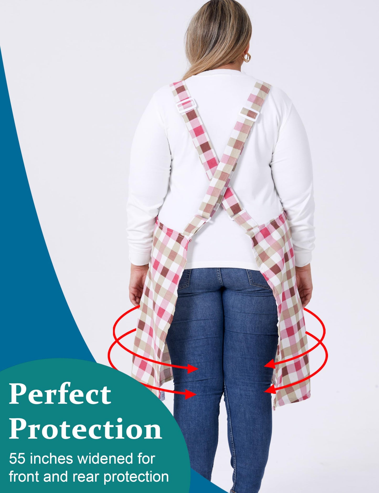 VIKIDEER Comfortable Huge Plus Size Aprons for Women Adjustable Cross Back Floral Cotton Linen Aprons Red Grid