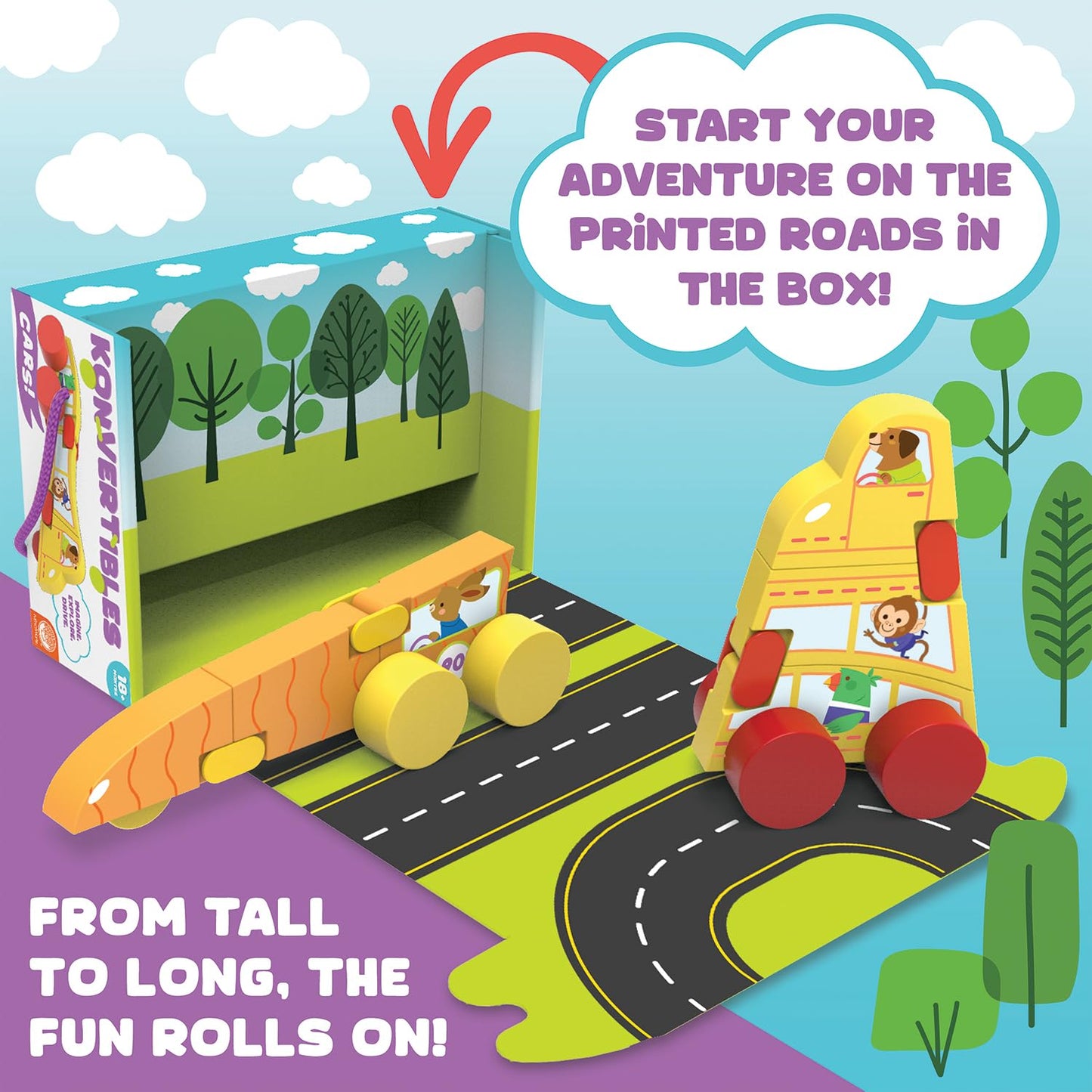 MindWare Konvertibles Transforming Wooden Cars – 2‑Piece Flip‑&‑Change Vehicle Set with Carry‑Along Box That Becomes 3‑D Road Scene, Toddler Toy for Ages 18 Months +
