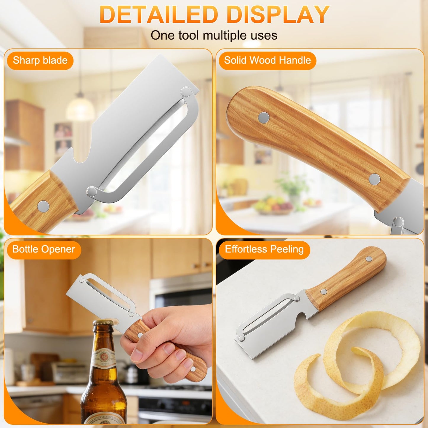 Multi-Functional Vegetable Peeler for Kitchen, with Wooden Handle and Bottle Opener, 2-in-1 Stainless Steel Blade Kitchen Tool for Fruit Apple Potato Pumpkin Papaya(2pcs)