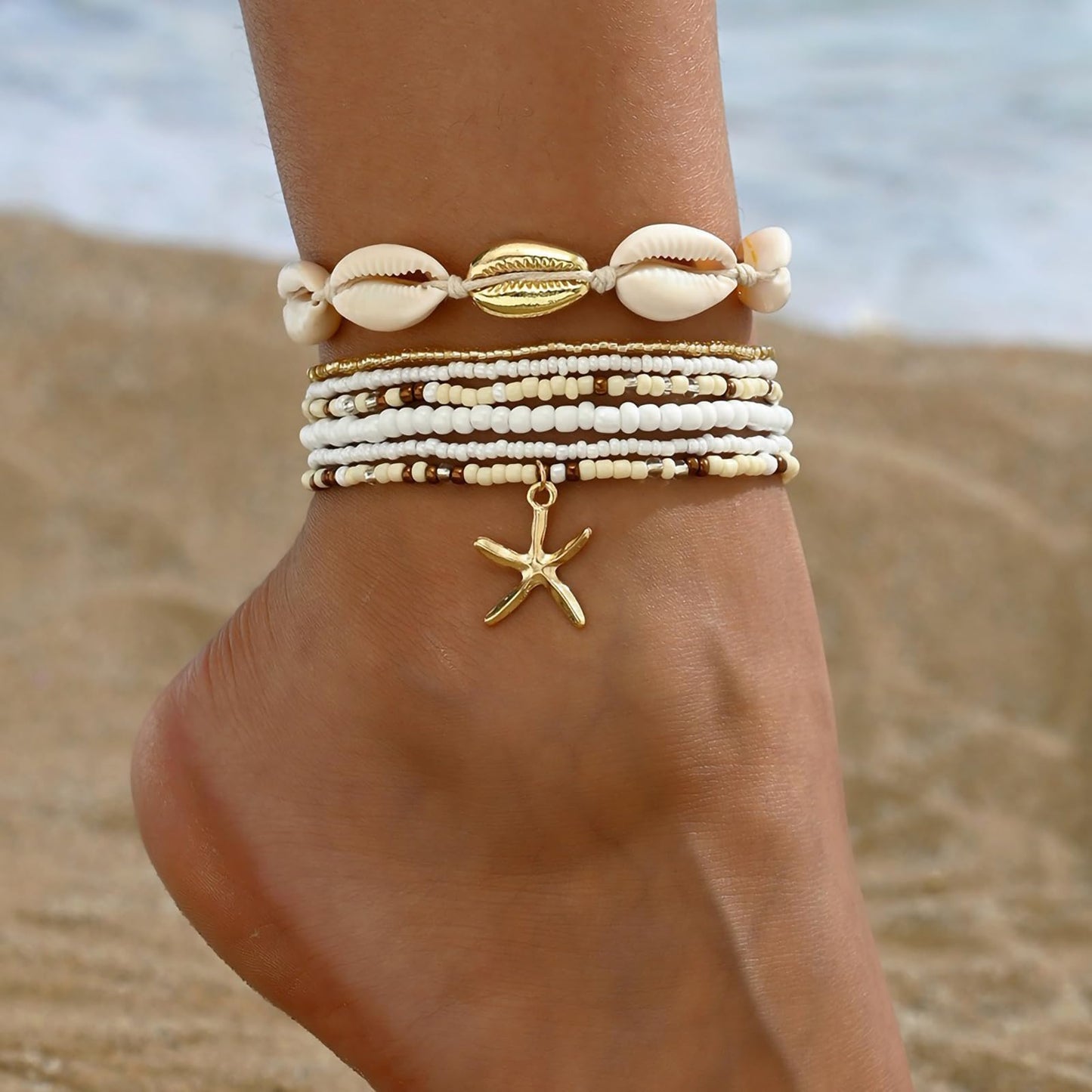 Qceasiy Shell Ankle Bracelet Set for Women, Gold Plated Boho Bead Adjustable Anklet, Hawaiian Beach Seashell Pearl Heart Starfish Conch Foot Jewelry Gifts (Starfish Shell 7Pcs)