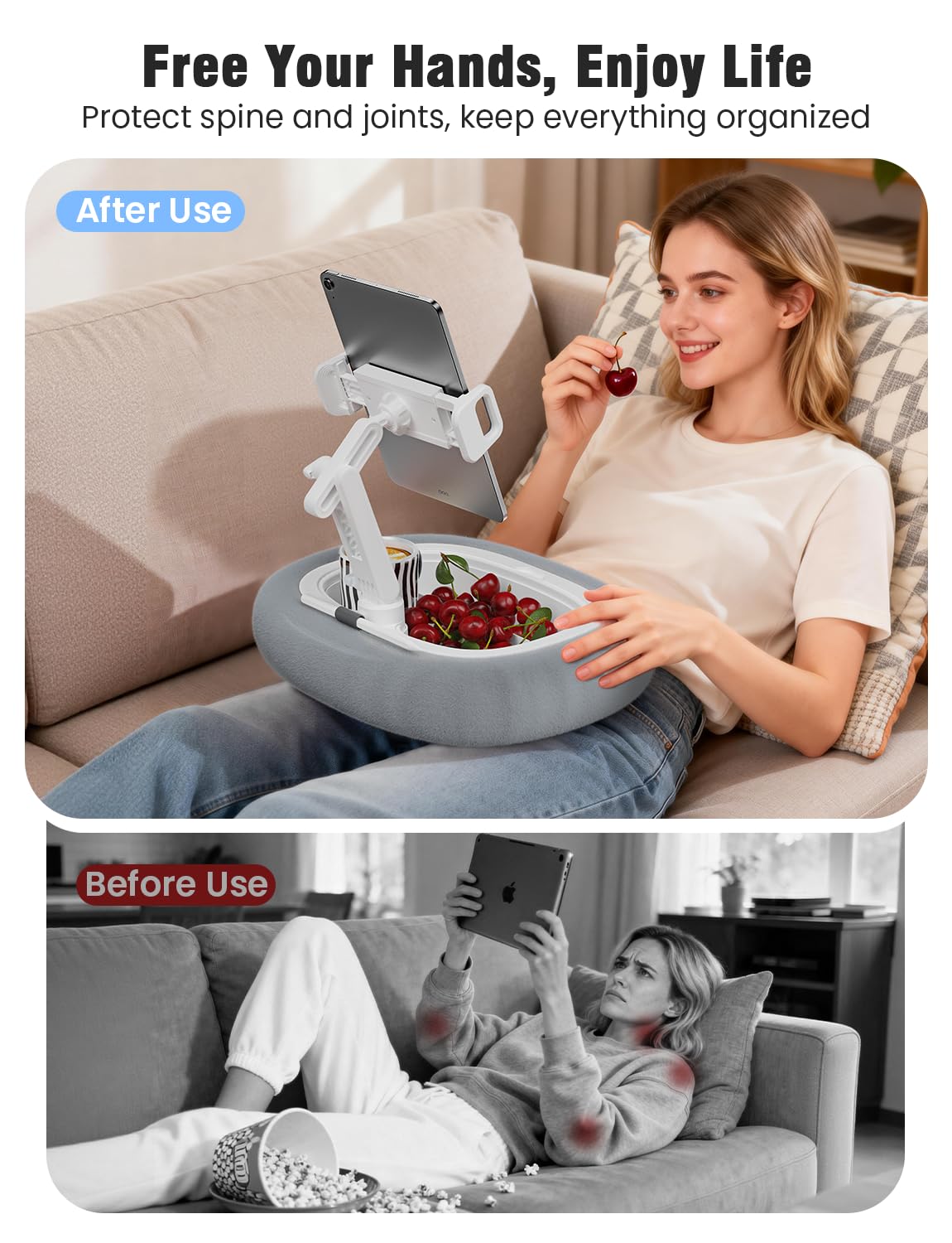 Tablet Kindle Pillow Stand Holder Free Adjustment with 3 Divided Trays Fit 4''-13'' Phone Kindle iPad Holder Stand Ultra Stable for Bed Soft Plus Fabric Dust Cover Lap Desk Kindle Accessories Gray