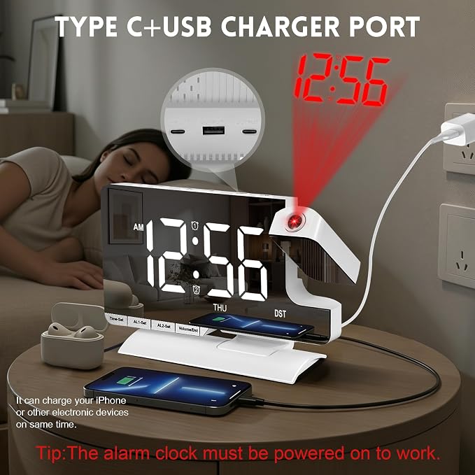 Projection Clock,Alarm Clocks for Bedrooms,7.3"Mirror Bedside Clock