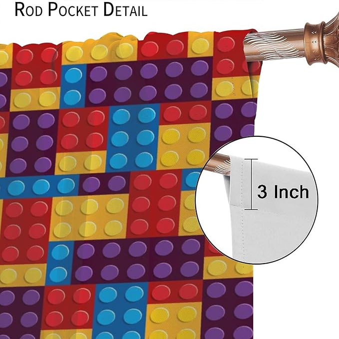 Building Block Colored Curtains, Children's Themed Curtains Collection Building Block Patchwork Cartoon Print Curtains, Light Trim 2 Panel Set Rod Pockets 42x54in