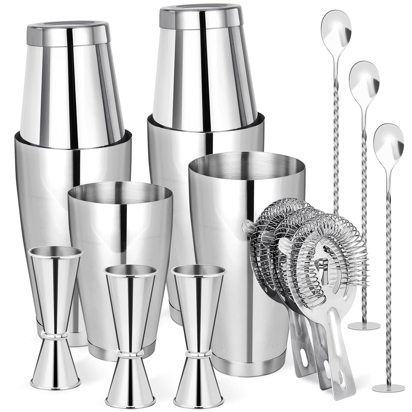 Mwellewm Cocktail Shaker Boston Shaker Set 15 Pcs Professional Bartender Kit Bar Shaker Stainless Steel Drink Shaker Bartending Martini Shaker Tin Mixed Alcohol Shaker Tool for Beginner(Silver)