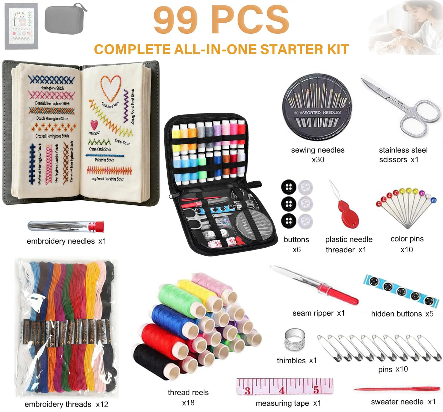 ZFBDMC Embroidery Stitch Book, 2026 Upgraded Portable DIY Embroidery Kit for Beginners with Linen, 99-Piece Complete Needle & Thread Set, Step-by-Step Video Instructions, Craft Gift for Adults