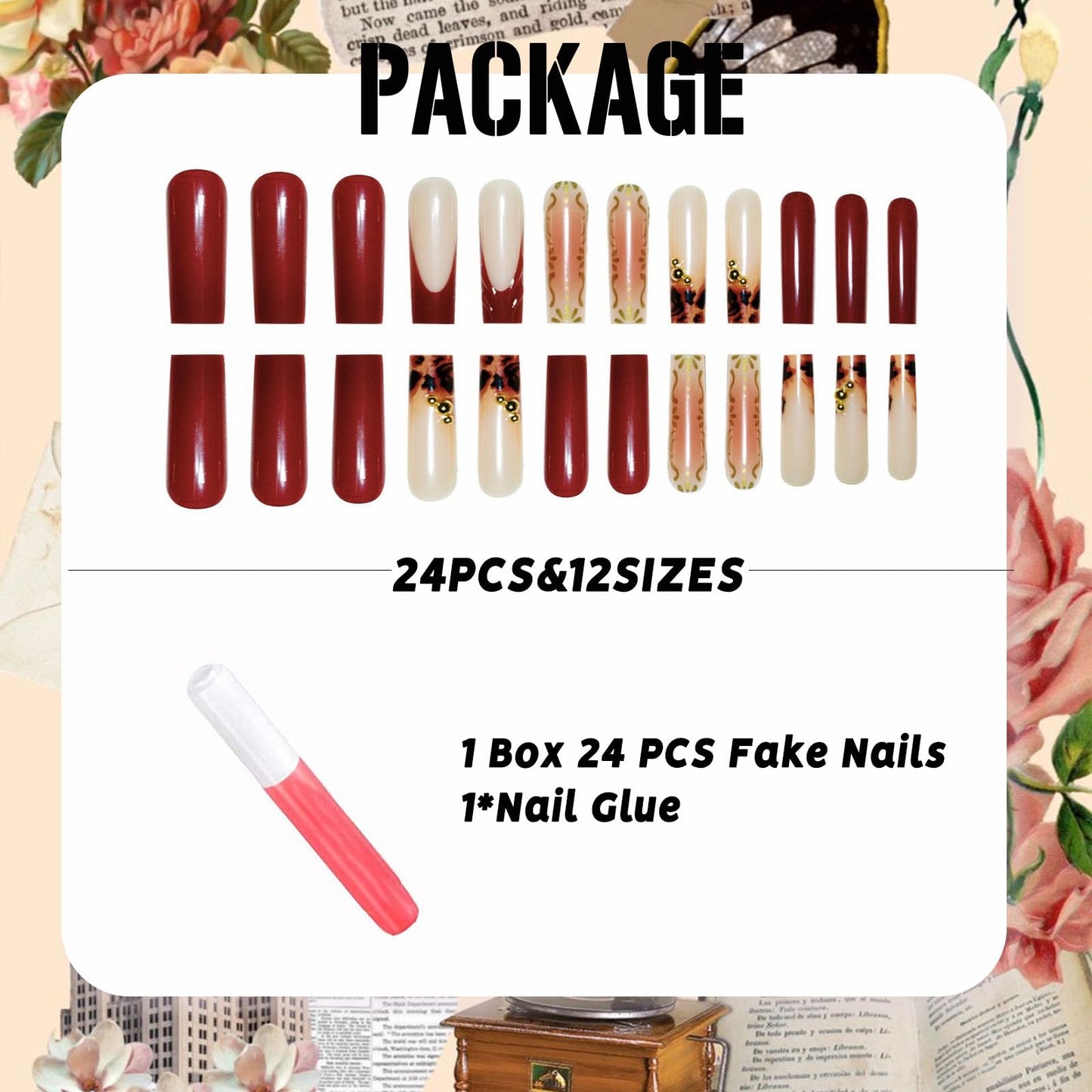 IMSOHOT Fall Press on Nails Long Square Fake Nails Brown Ombre French Nail Tips Chrome Golden Full Cover Acrylic Glue on False Nails for Women