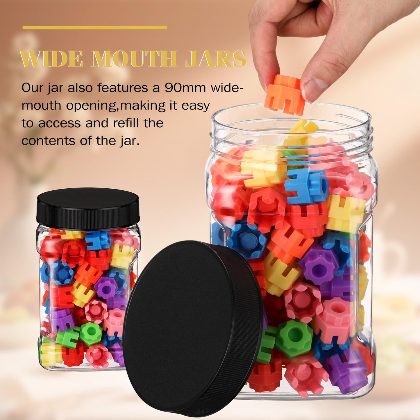 Geiserailie 6 Pcs Square Clear Plastic Jars with Pinch Handle Plastic Storage Container with Screw-on Lids Reusable Wide Mouth Canisters for Dry Good Peanut Cookies Candy (32 oz,Black Lids)