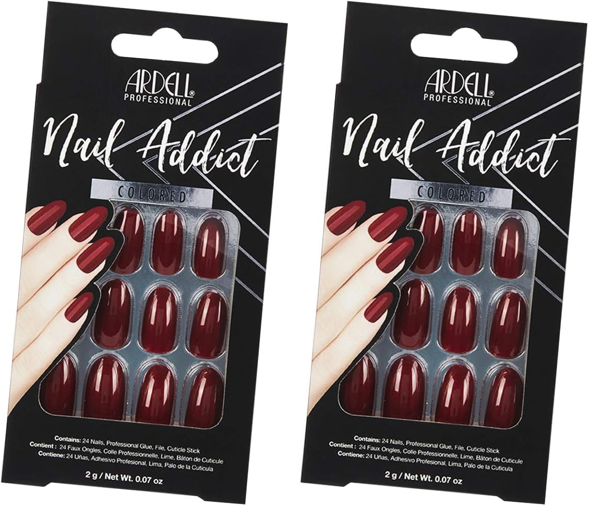 Ardell Nail Addict Artificial Nail Set, Sip of Wine 24-Pc, Medium, Almond-Shape, DIY Press-On Nails, Quick and Safe, with Glue, Cuticle Stick and Nail File (Pack of 2)