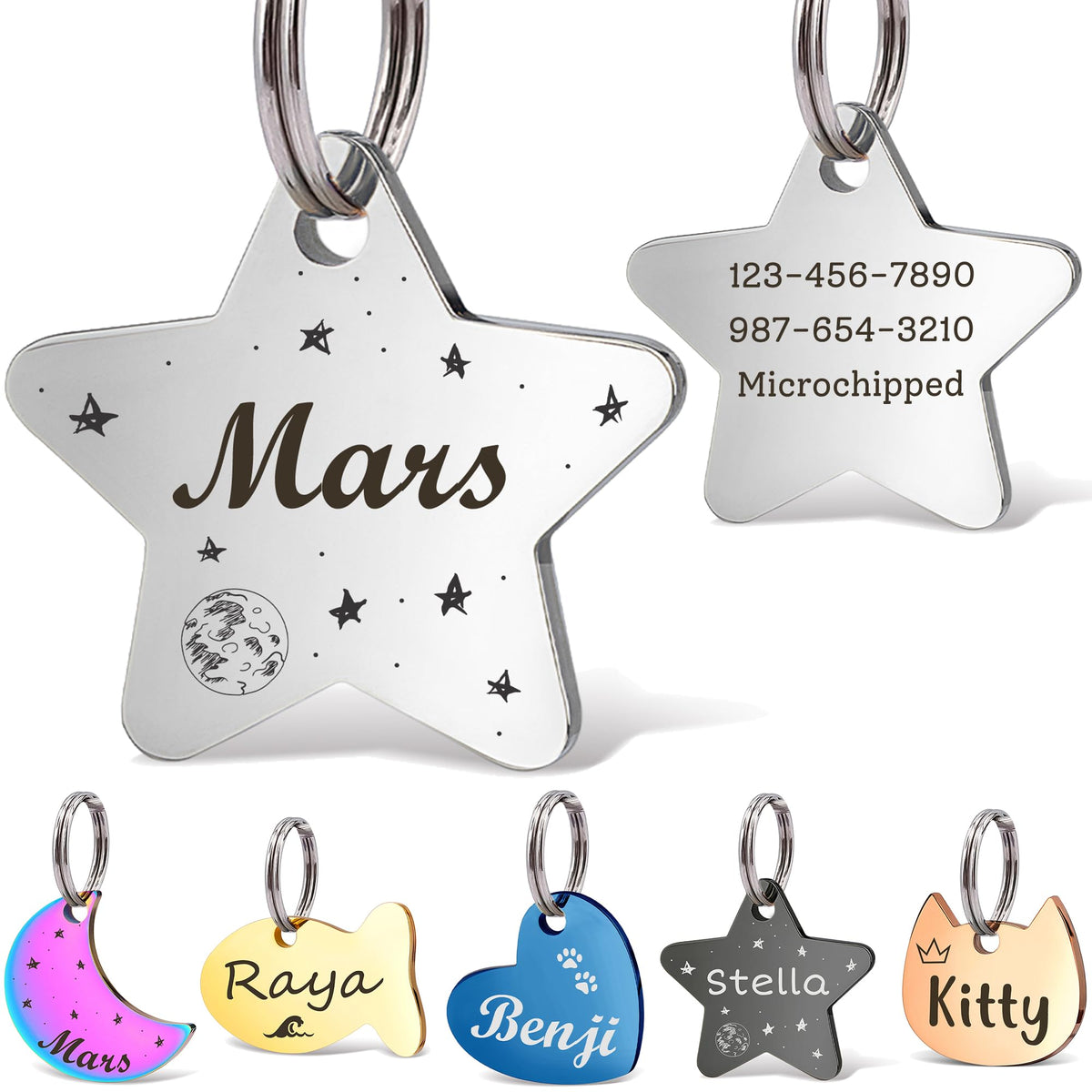 Anavia Small Size Dog Cat ID Tags, Small/XS Personalized Color Plated Stainless Steel Puppy Kitten Name Tags, Customized Engraved Nameplate Pet Collar Tag (Blue, Star)