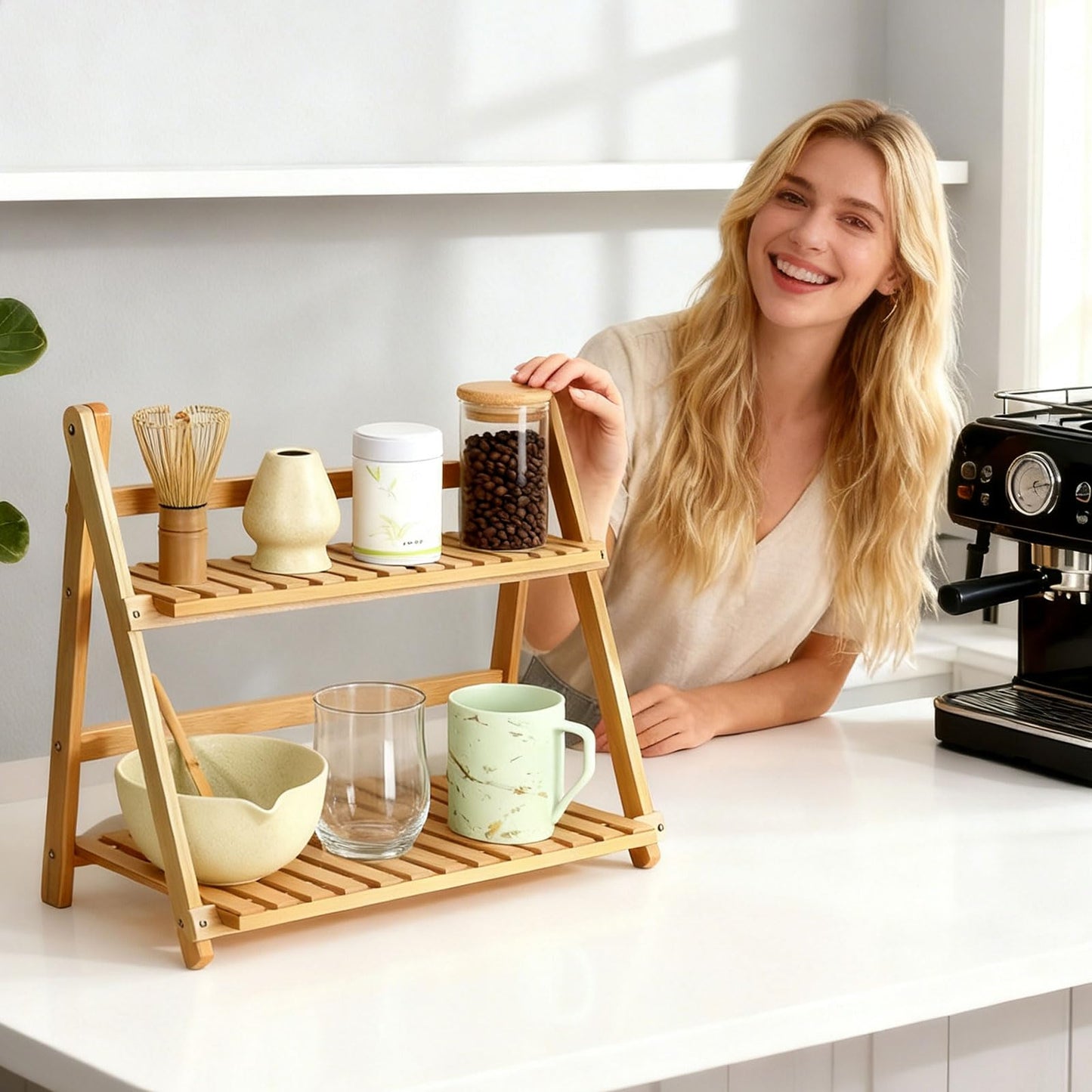 NUOLUTH Matcha Station Organizer Shelf：Bamboo organizer for coffee bar,Matcha Whisk,Small plants,bathroom,11.7" Foldable Countertop Display Rack for Kitchen,Window Sill&Living Room 2 Tier