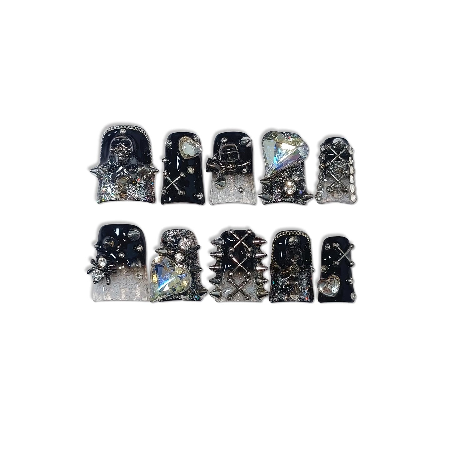 TENPAL 10Pcs Gothic Duck Nails Handmade Thick Press on Nails with Clip,Punk Studs Crystal Skull Short Duck Fake Nail Tips,Glossy Black Duckbill for Halloween Party,Reusable Dark Glam Glue on Nails(S)