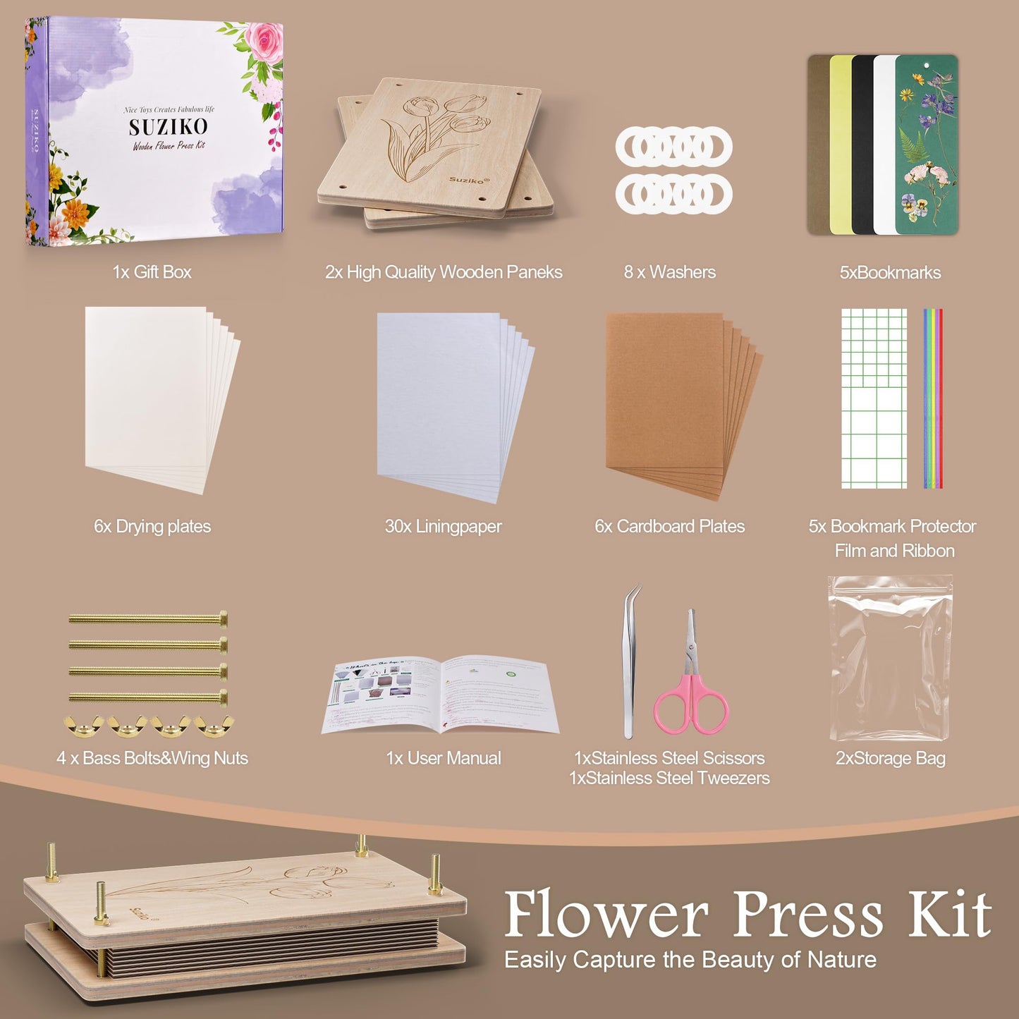 Suziko Large Flower Press Kit with Tulip Pattern for Adults & Kids - 10.8 x 6.9 Inch Flower and Leaf Preservation Art Craft Kit, Great Gift for Nature Lovers