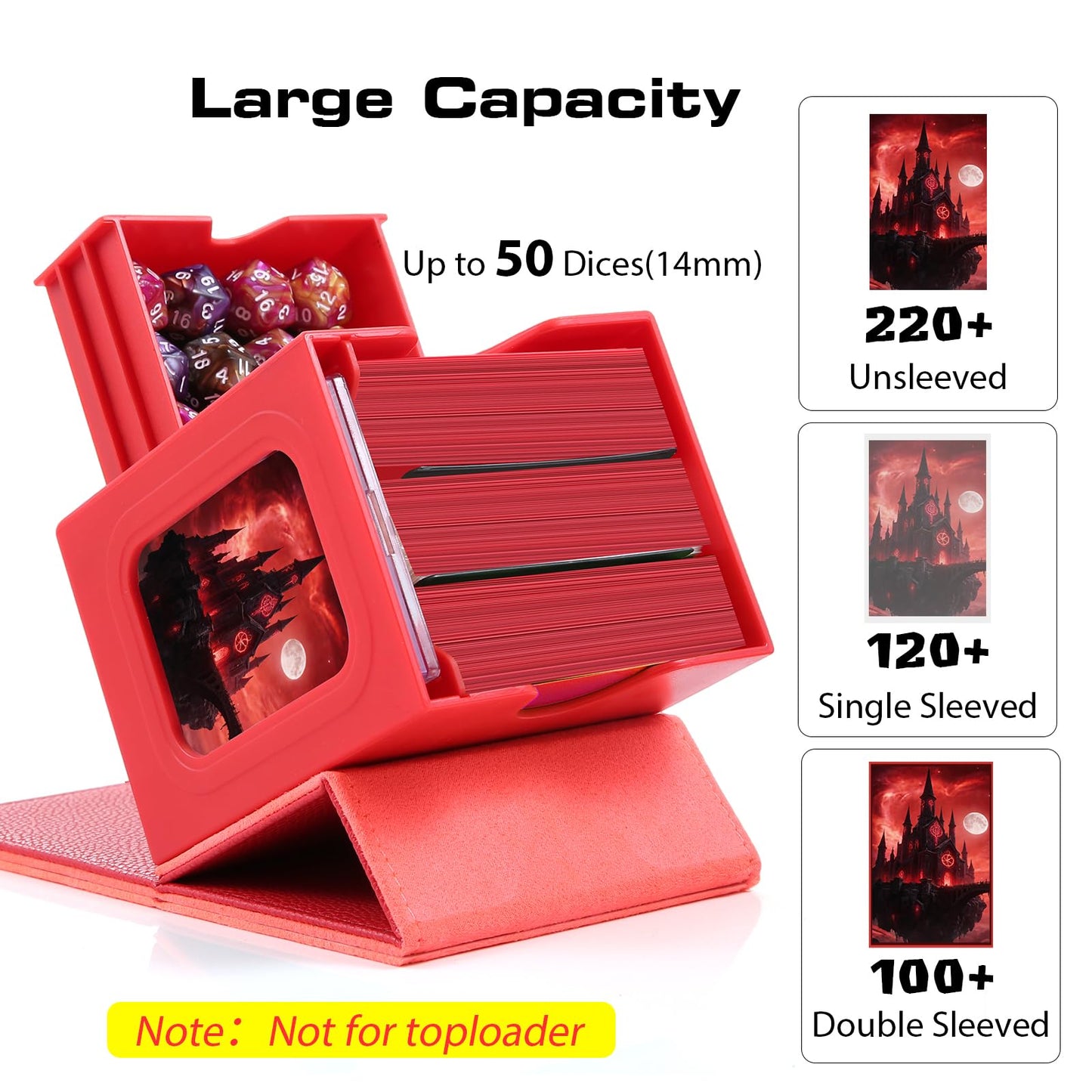 MAKHISTORY Patented MTG Commander DekBox, 100+ Double Sleeved Card Storage Box with Dice Tray, 35pt Card Holder & 2 Dividers - Magnetic Deck Case for TCG/CCG/Magic/Sports Cards, Red