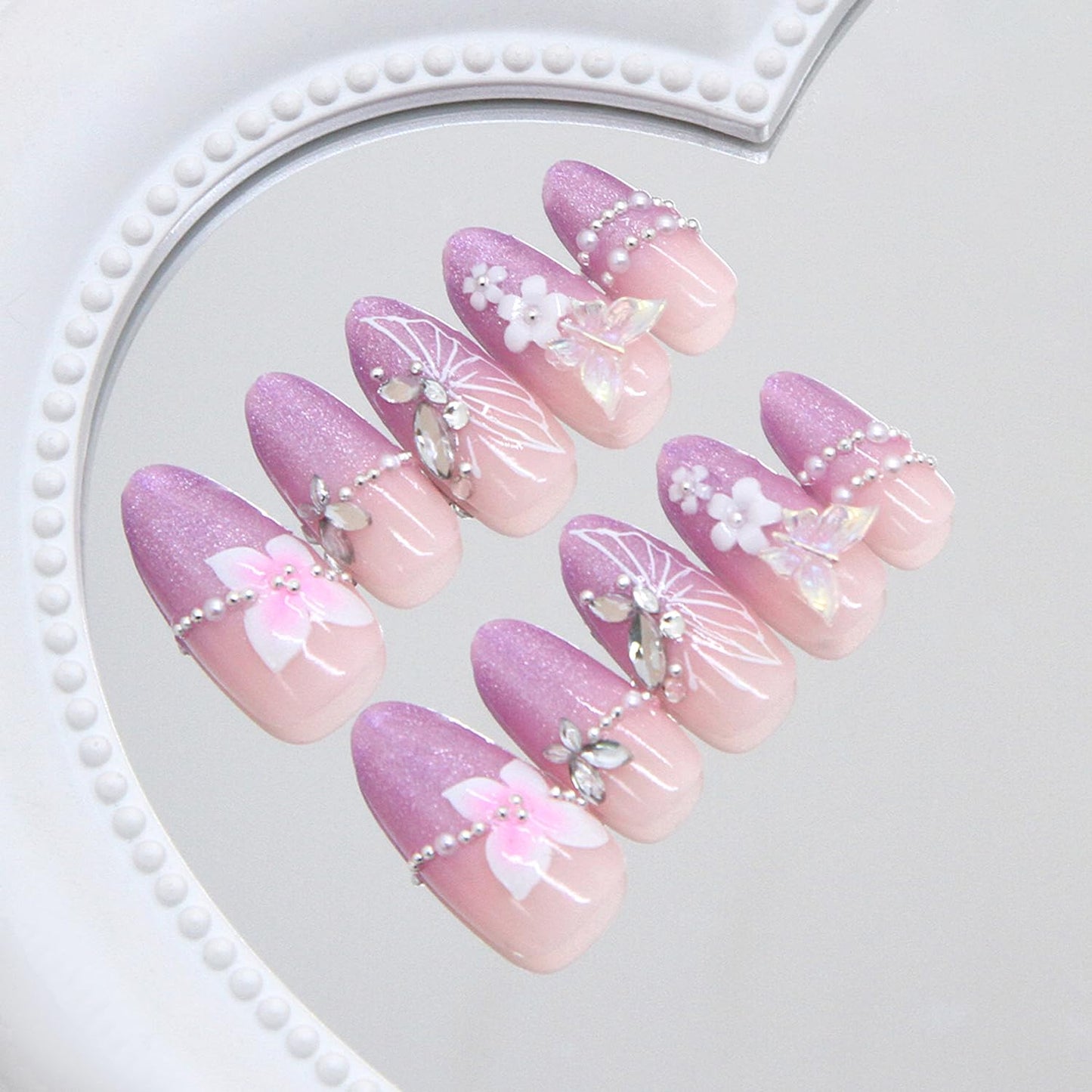 30Pcs Purple Ombre Press on Nails Medium Almond Fake Nails Press ons 3D Butterfly Rhinestone Design Shimmer Magnetic False Nails Purple Glitter Full Cover Cute Butterfly Flower Acrylic Nails for Women