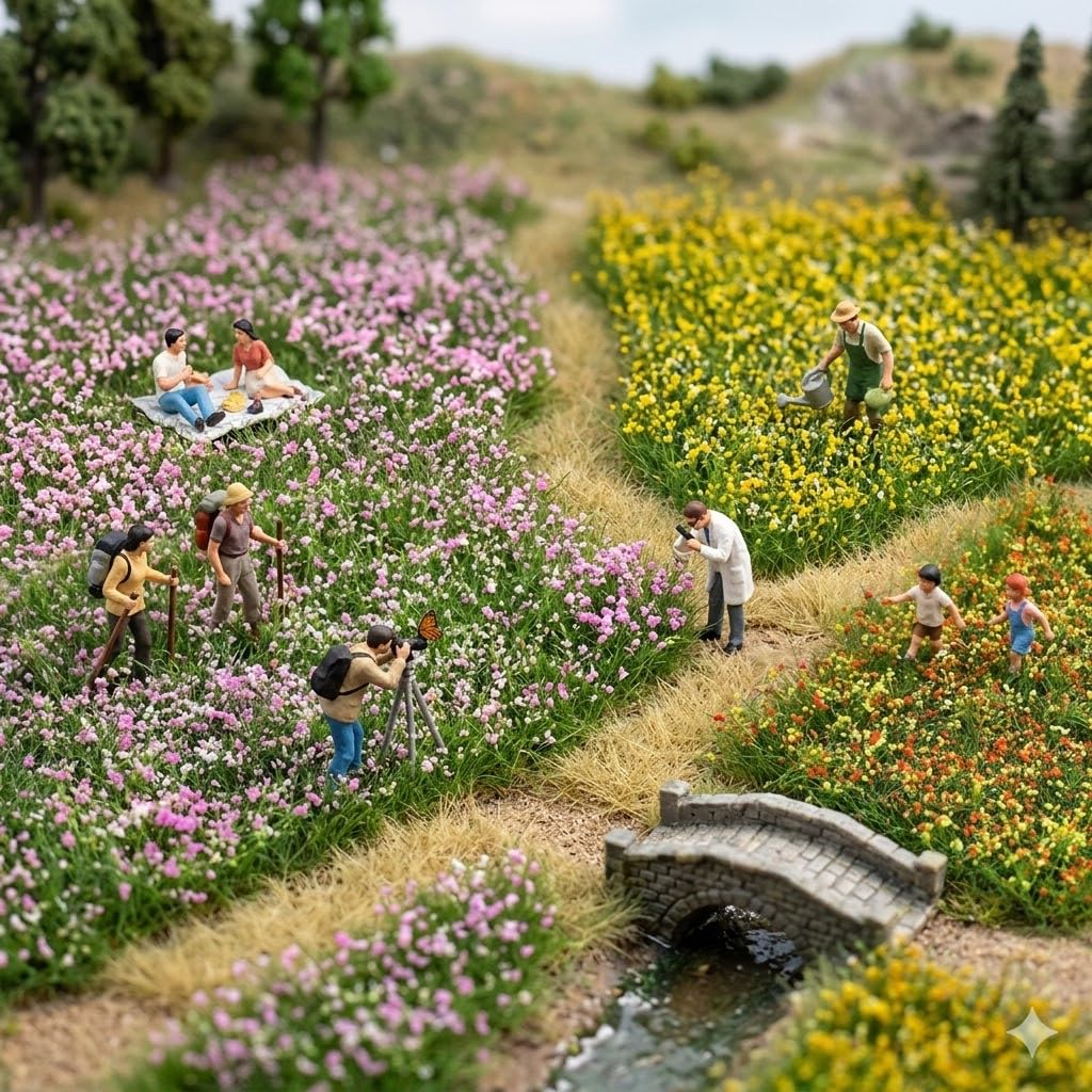 BraneGo Miniature Grass Tufts with Flowers, 4-Color Hand Torn Flower Clusters for Diorama, Model Train Scenery N & HO Scale, Wargaming Bases and Architectural Landscaping