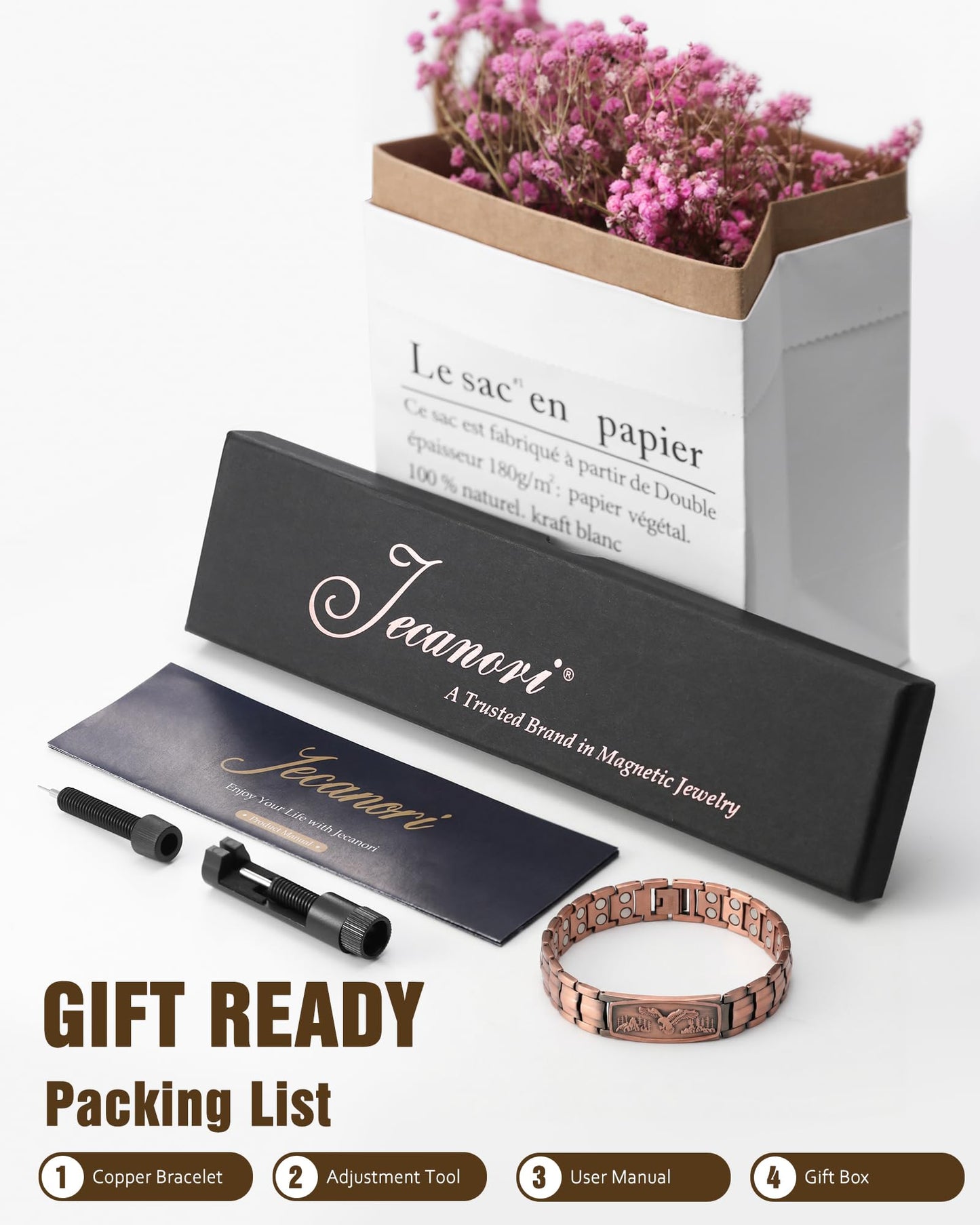 Jecanori Pure Copper Bracelet for Men, 2X Strength Magnetic Bracelets for Men, Ideal Gift