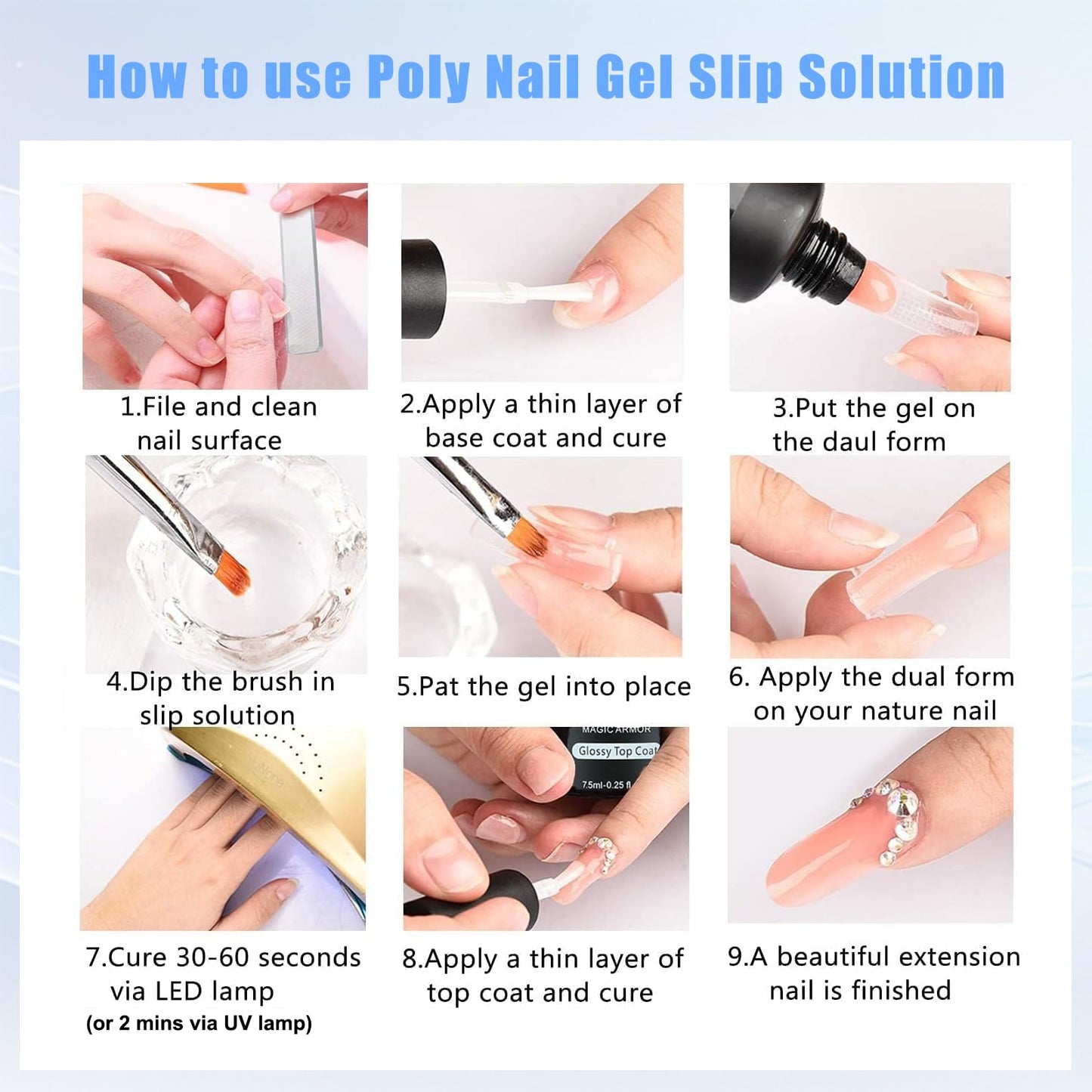 Poly Gel Slip Solution Kit - 5oz Slip Solution for Nail Extensions with 120pcs Dual Forms, Nail Clips, Dual-Ended Brush & Crystal Cup - Beginner-Friendly DIY Nail Art Set for Women at Home
