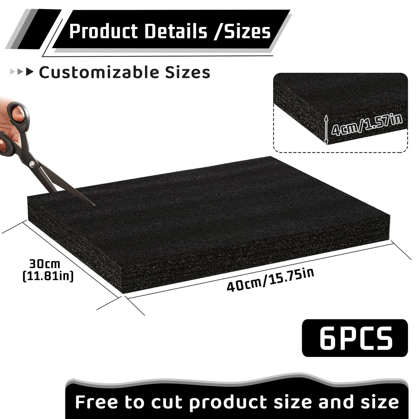6 Pcs 16'' x 12'' x 1.5'' Polyurethane Foam - Foam Inserts for Cases Packing Foam Black Craft Foam Sheets for Packing Camera Toolbox Storage
