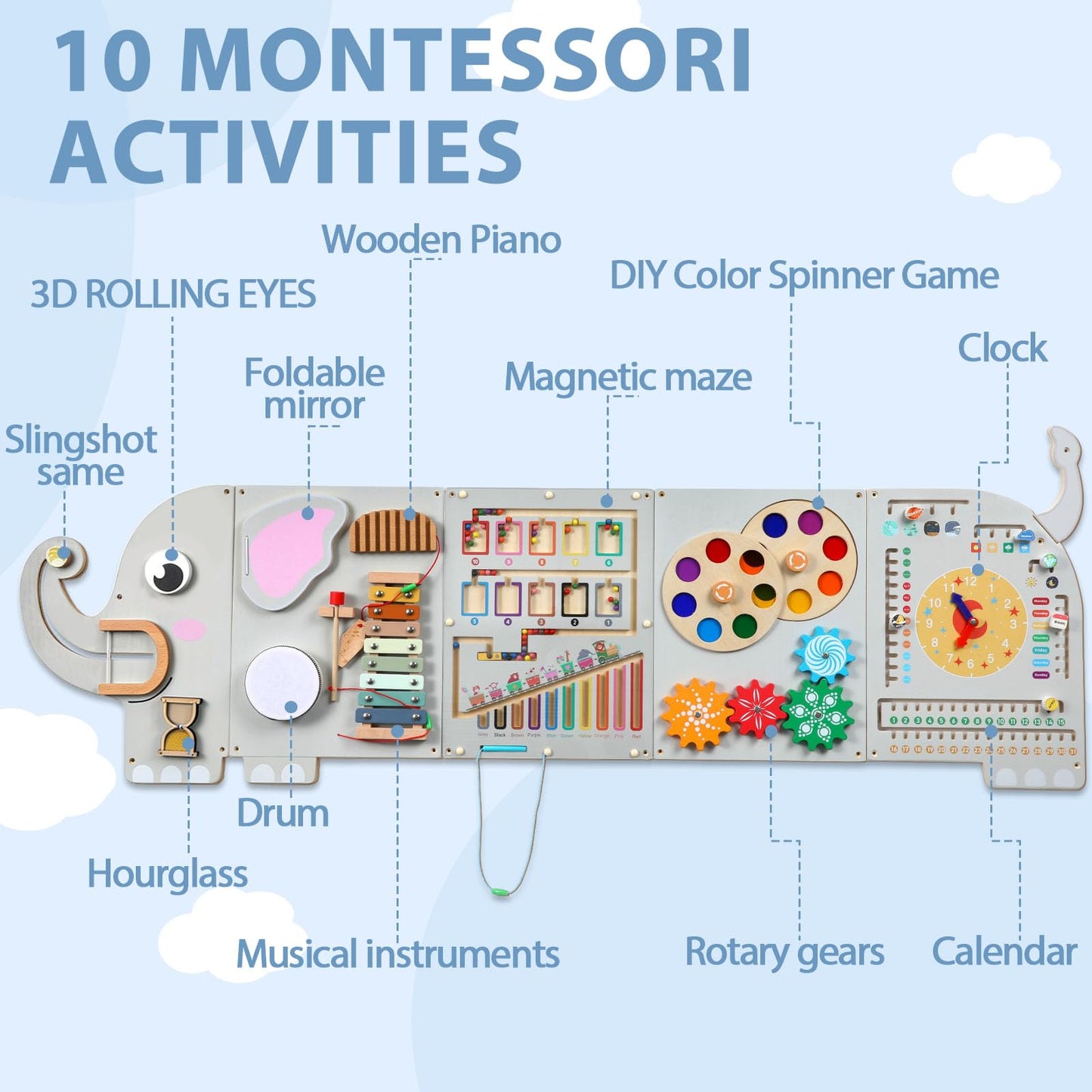 5FT Large Elephant Activity Wall Busy Board Wooden Sensory Wall Panel Educational Montessori Toys for Toddler Kids Interactive Sensory Activity Board Learning Center Playroom Daycare Nursery Decor