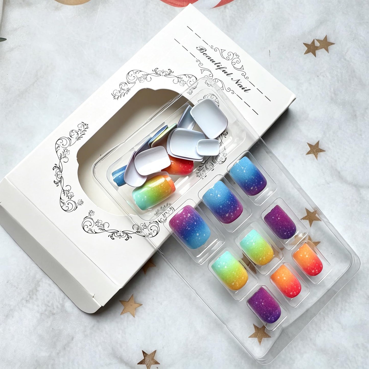 Rainbow Press on Nails Short Square Fake Nails Gradient False Nails with Designs Spring Summer Acrylic Nails Full Cover Glossy Stick on Nail Artificial Glue on Nails for Women Holiday Manicure 24Pcs